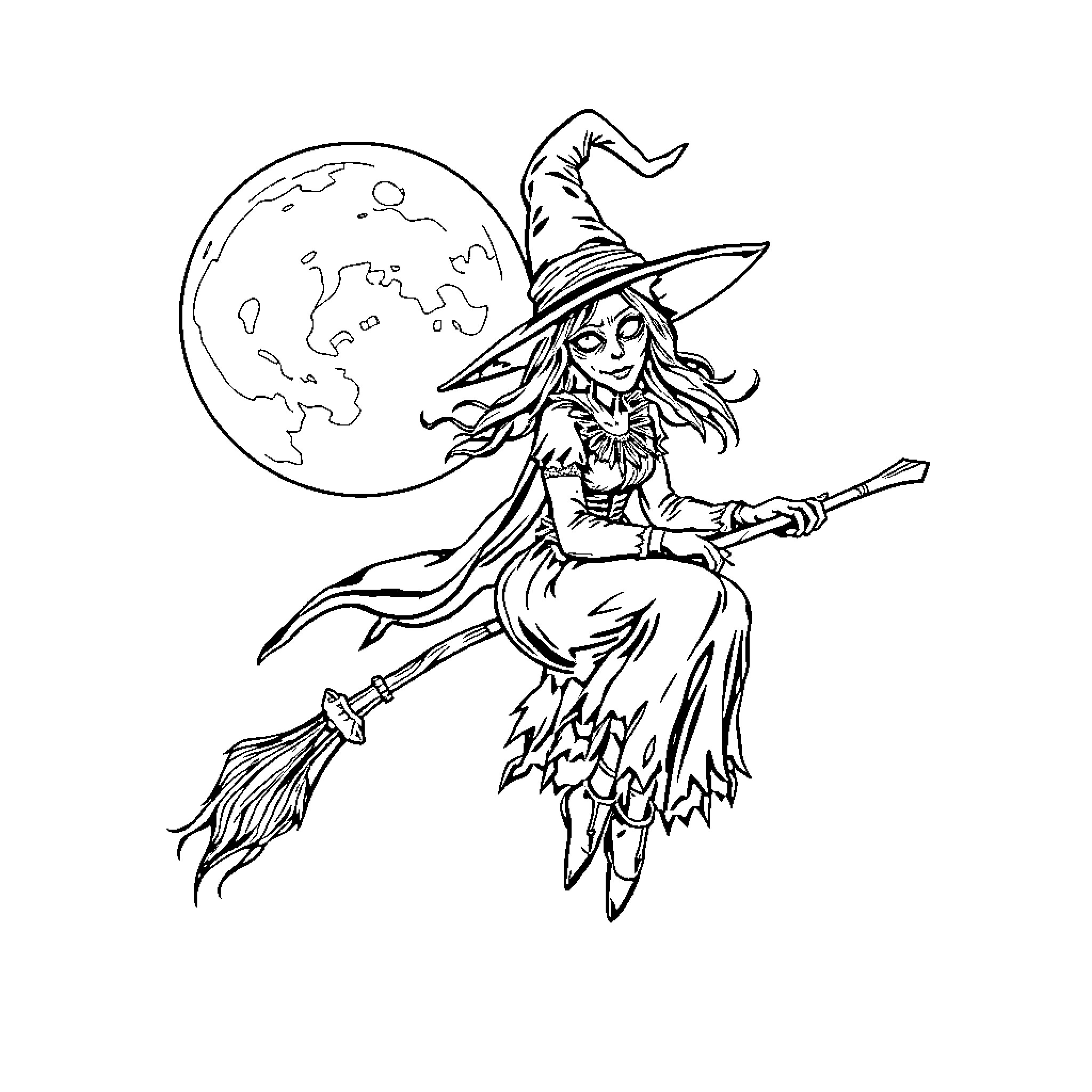 Witch flying on broomstick under the moonlight Coloring Page (free black-and-white line drawing printable PDF for all, from beginners to advanced learners, including children, teens, adults, and seniors)