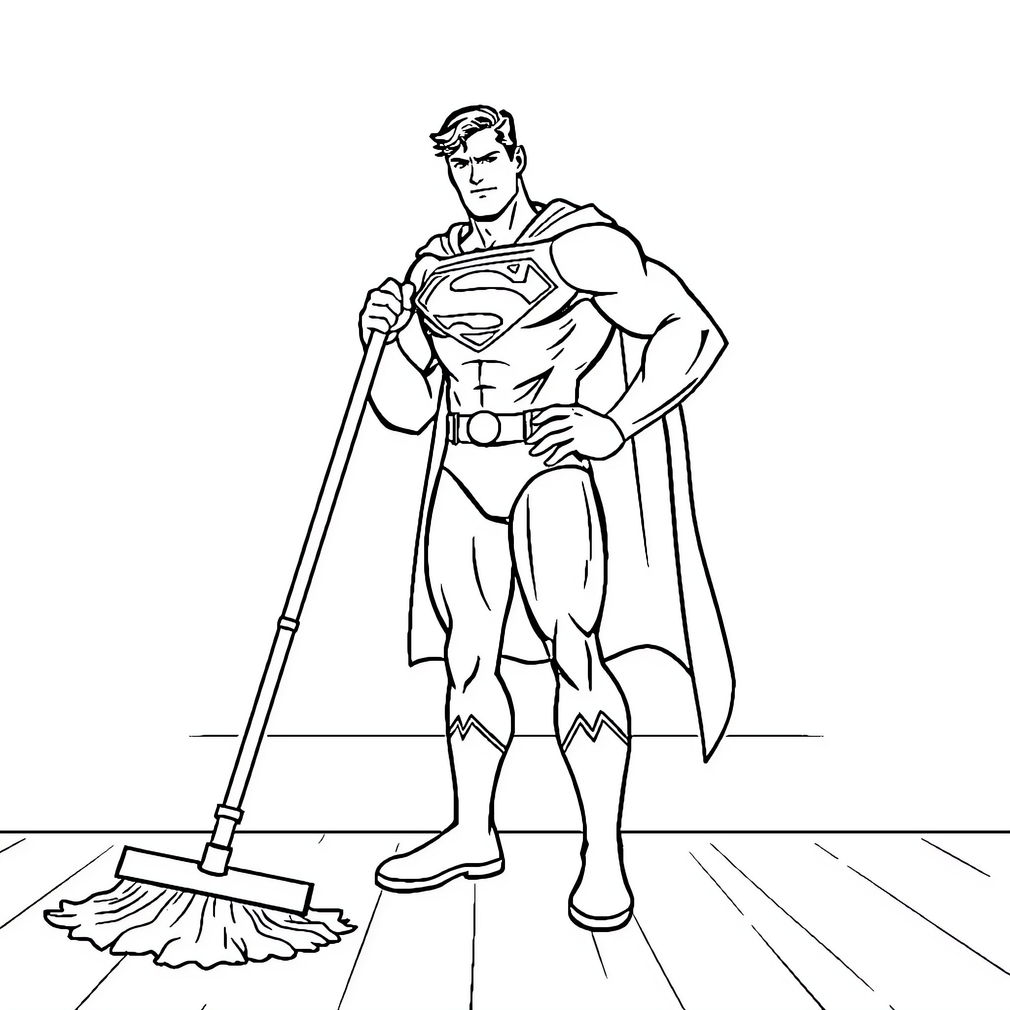 Superman cleaning diligently with a mop Coloring Page (free black-and-white line drawing printable PDF for all, from beginners to advanced learners, including children, teens, adults, and seniors)