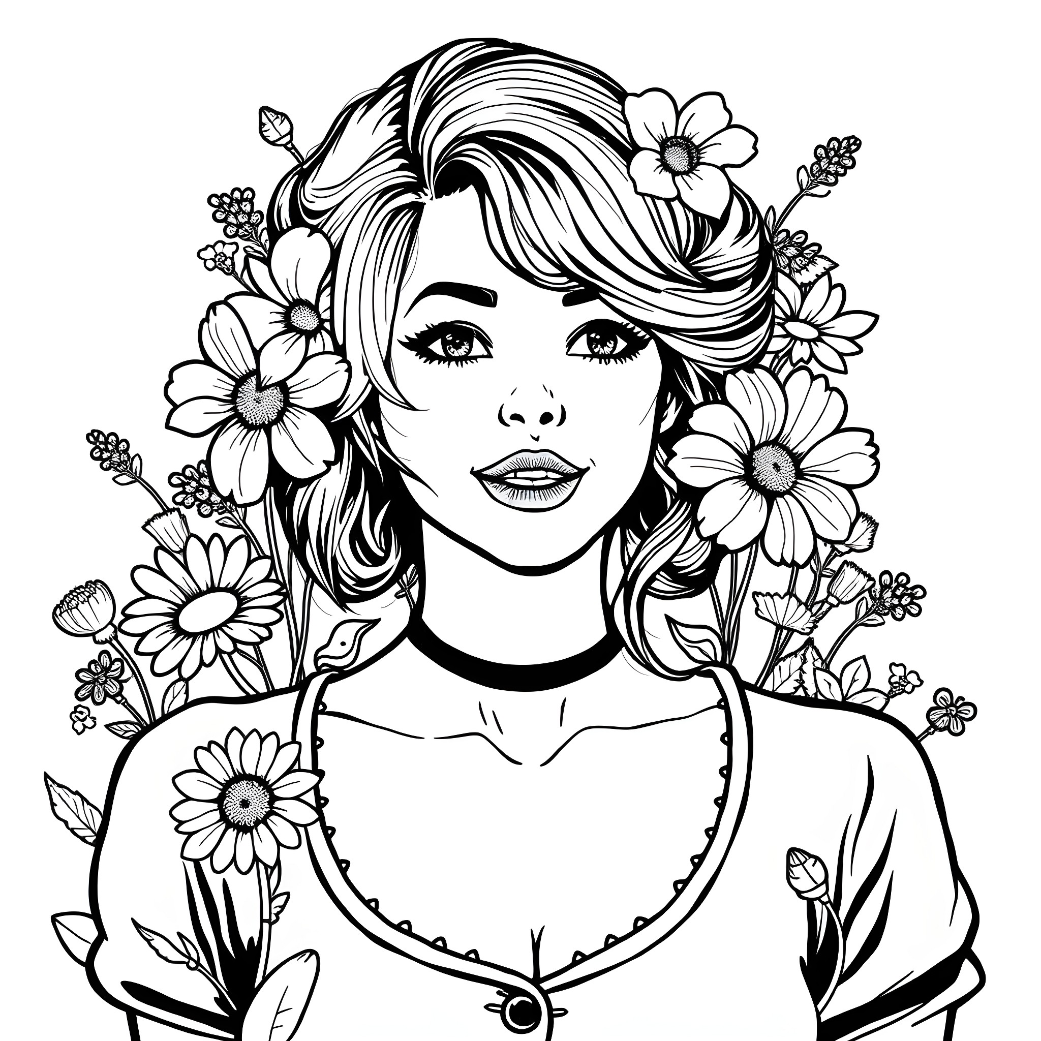 Woman adorned with beautiful floral headpiece Coloring Page (free black-and-white line drawing printable PDF for all, from beginners to advanced learners, including children, teens, adults, and seniors)