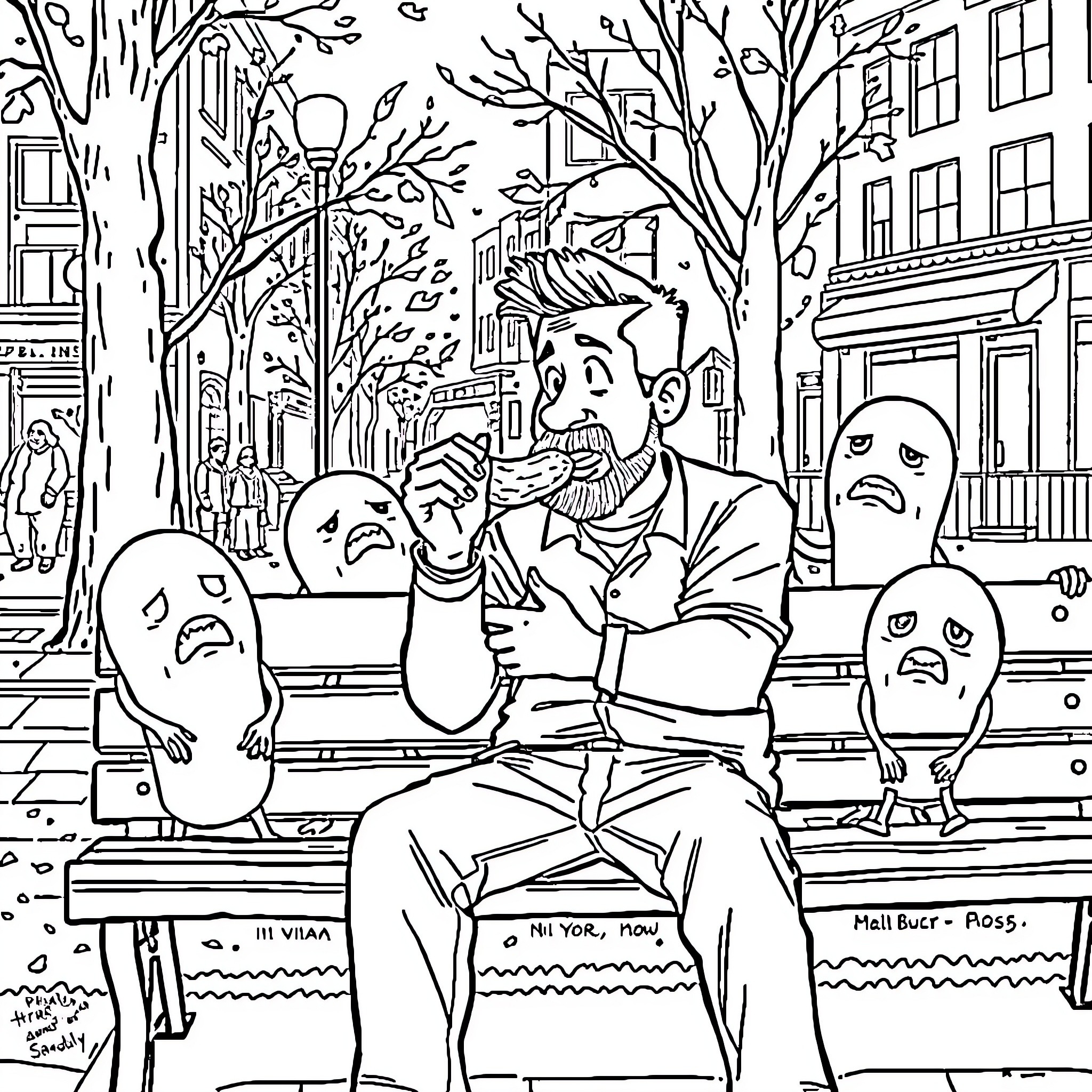 Adam Sandler and friends enjoy a lively scene in the park Coloring Page (free black-and-white line drawing printable PDF for all, from beginners to advanced learners, including children, teens, adults, and seniors)