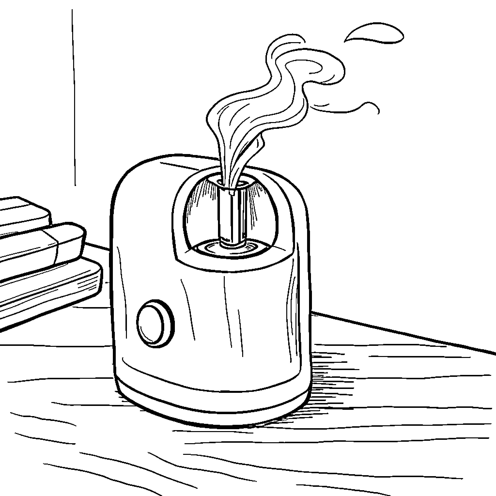 Pencil Sharpener Emitting Steam Beside Books Coloring Page (free black-and-white line drawing printable PDF for all, from beginners to advanced learners, including children, teens, adults, and seniors)