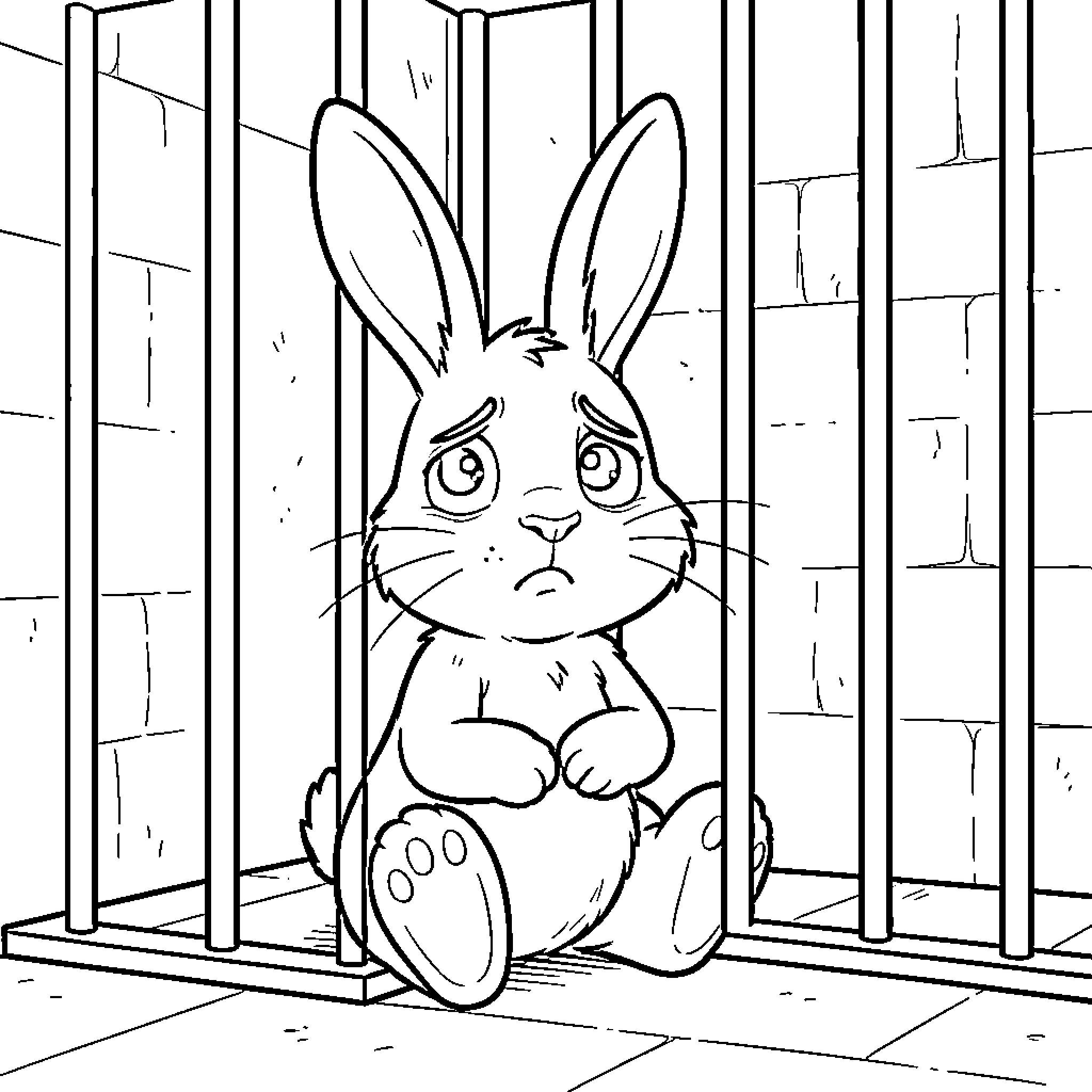 Bunny trapped in a cage looking concerned Coloring Page (free black-and-white line drawing printable PDF for all, from beginners to advanced learners, including children, teens, adults, and seniors)