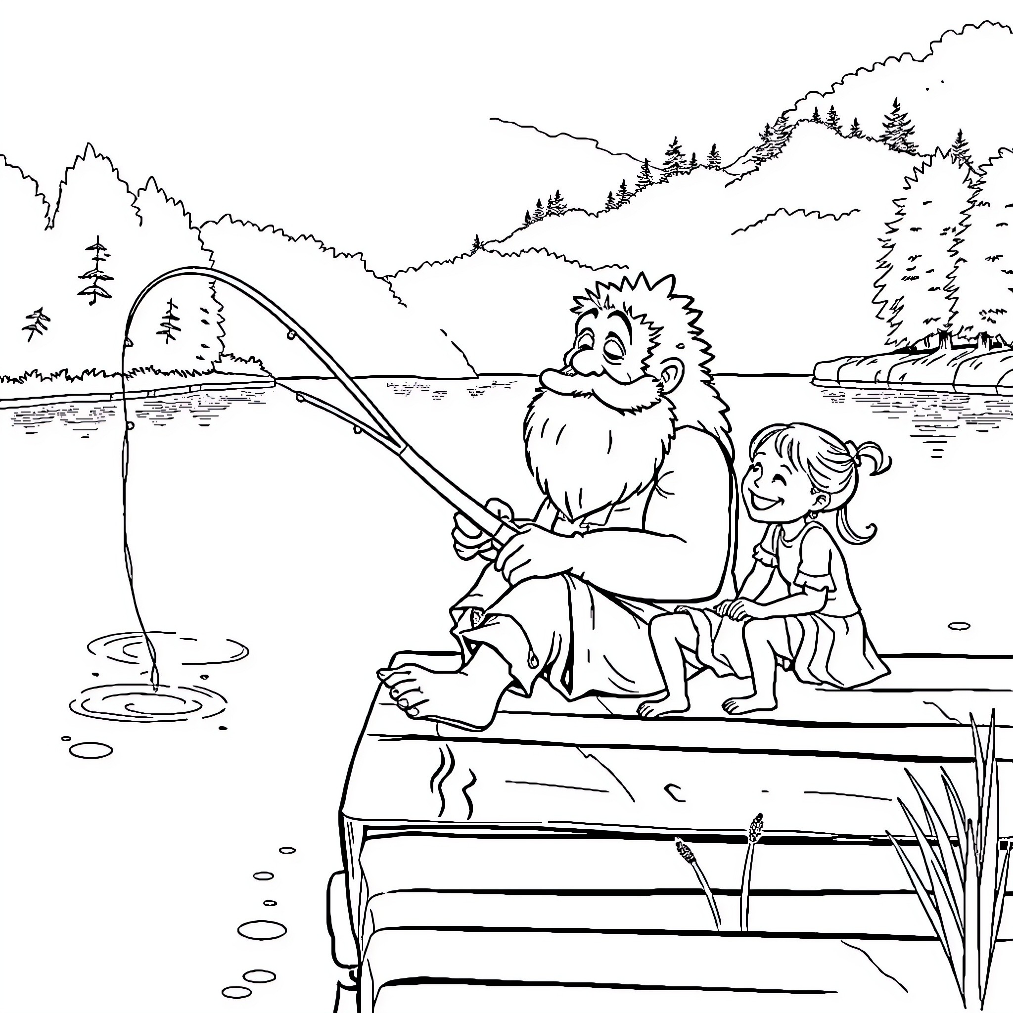 Ogre and child fishing by the lake Coloring Page (free black-and-white line drawing printable PDF for all, from beginners to advanced learners, including children, teens, adults, and seniors)