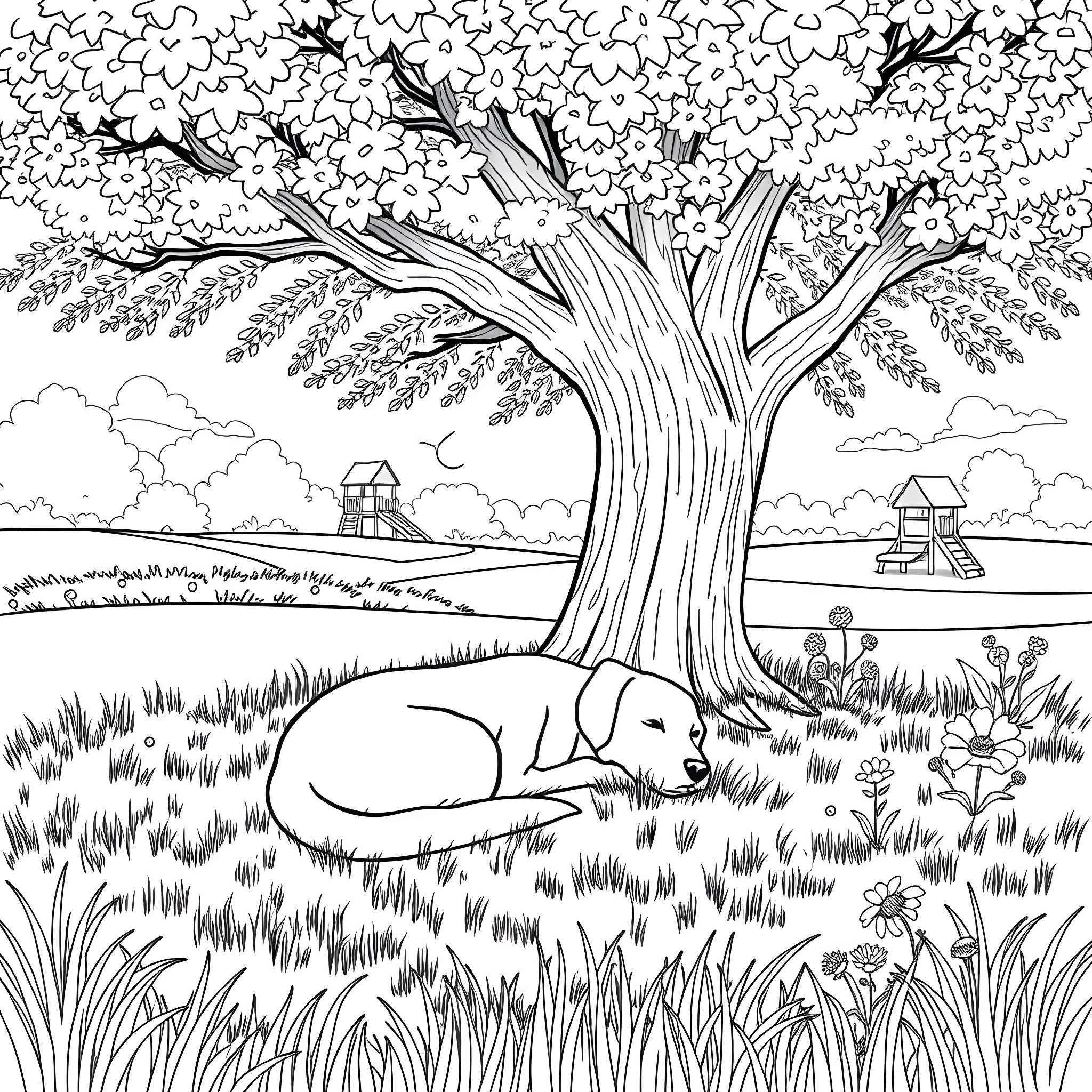 Dog sleeping peacefully under the tree Coloring Page (free black-and-white line drawing printable PDF for all, from beginners to advanced learners, including children, teens, adults, and seniors)