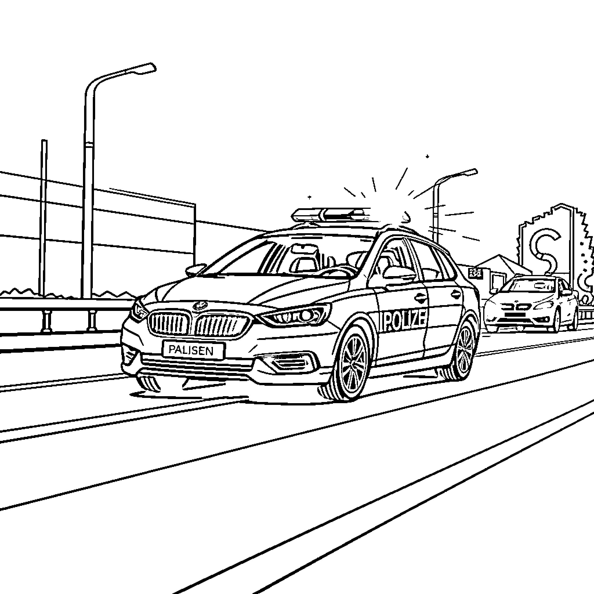 Police Car Responding to an Emergency Situation Coloring Page (free black-and-white line drawing printable PDF for all, from beginners to advanced learners, including children, teens, adults, and seniors)