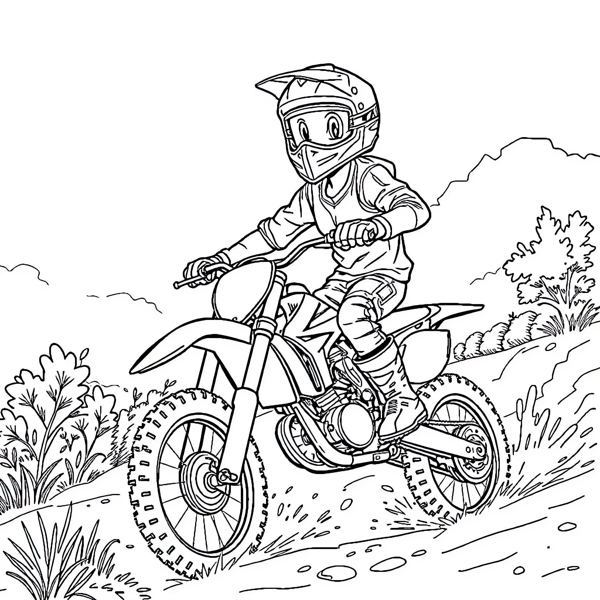 Boy riding dirt bike on rugged terrain Coloring Page (free black-and-white line drawing printable PDF for all, from beginners to advanced learners, including children, teens, adults, and seniors)