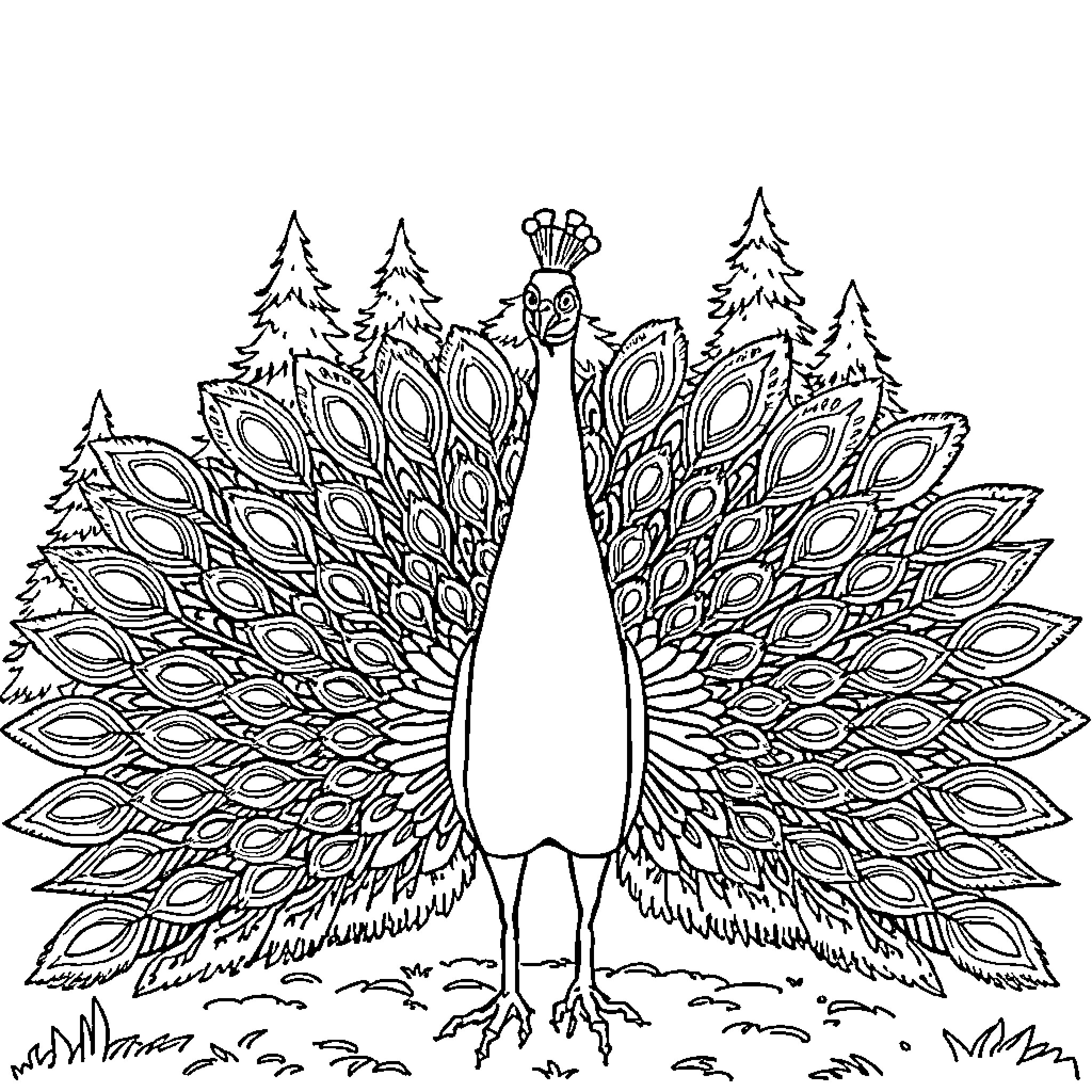 Peacock with Ornate Feathers in a Forest Setting Coloring Page (free black-and-white line drawing printable PDF for all, from beginners to advanced learners, including children, teens, adults, and seniors)