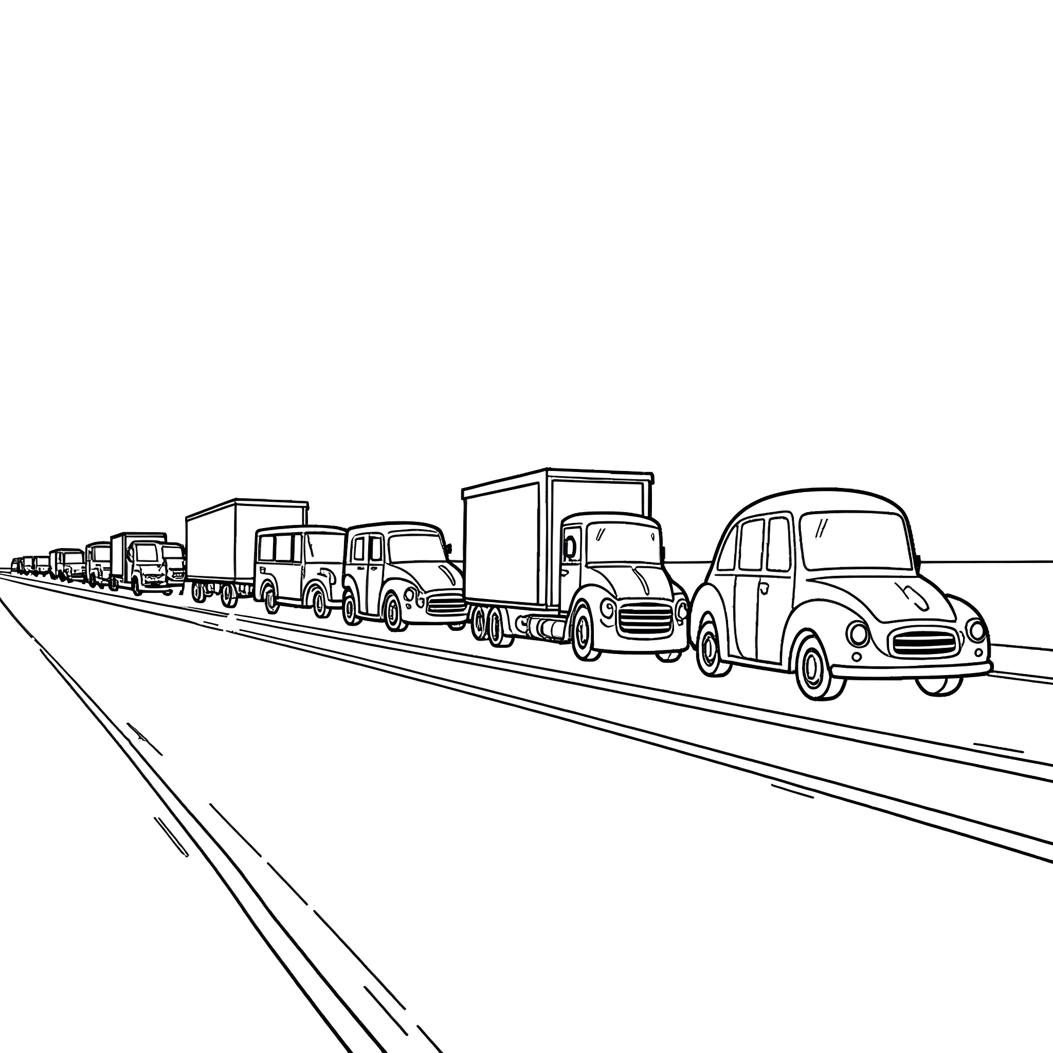Cars on a busy highway Coloring Page (free black-and-white line drawing printable PDF for all, from beginners to advanced learners, including children, teens, adults, and seniors)