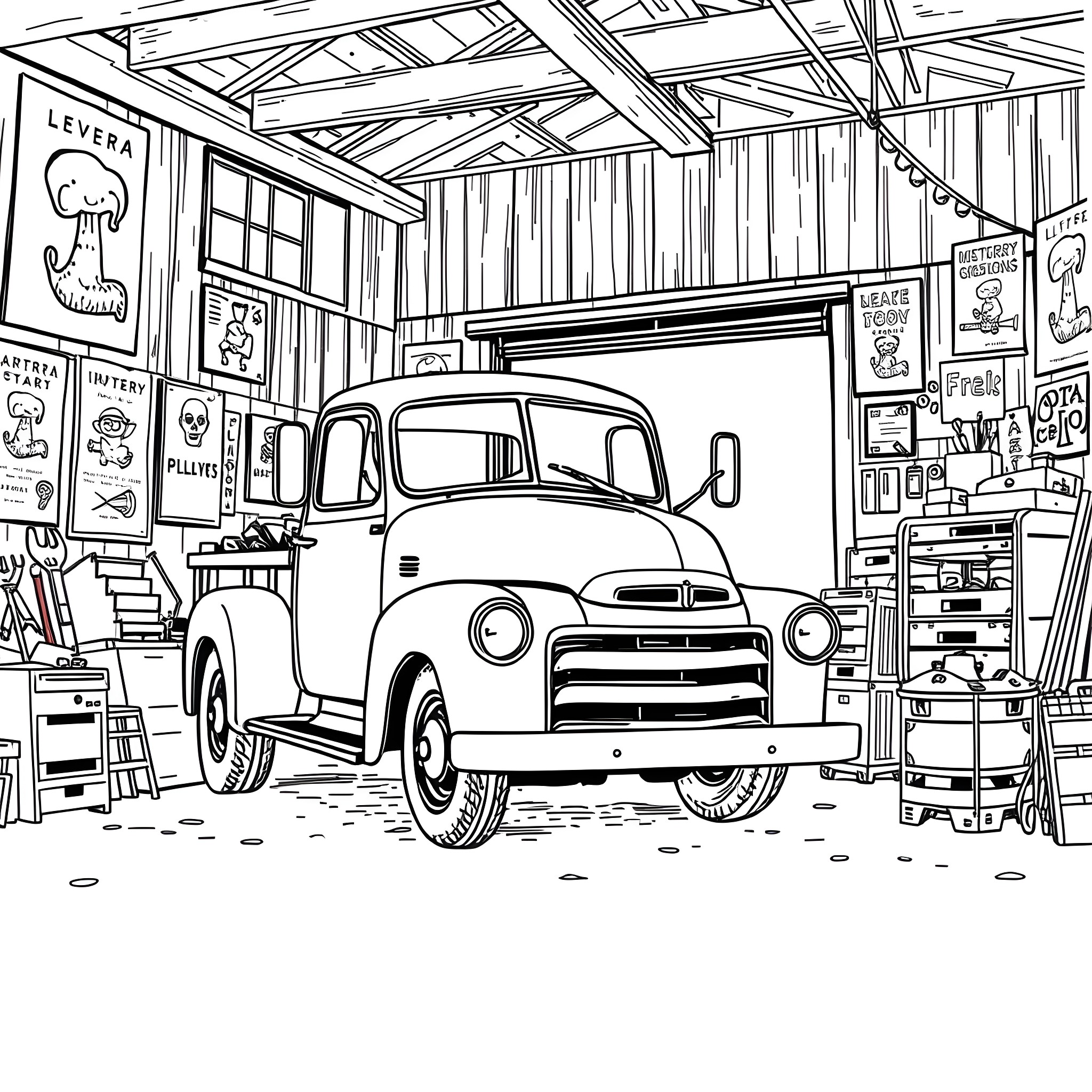 Truck parked in a cluttered garage workshop Coloring Page (free black-and-white line drawing printable PDF for all, from beginners to advanced learners, including children, teens, adults, and seniors)
