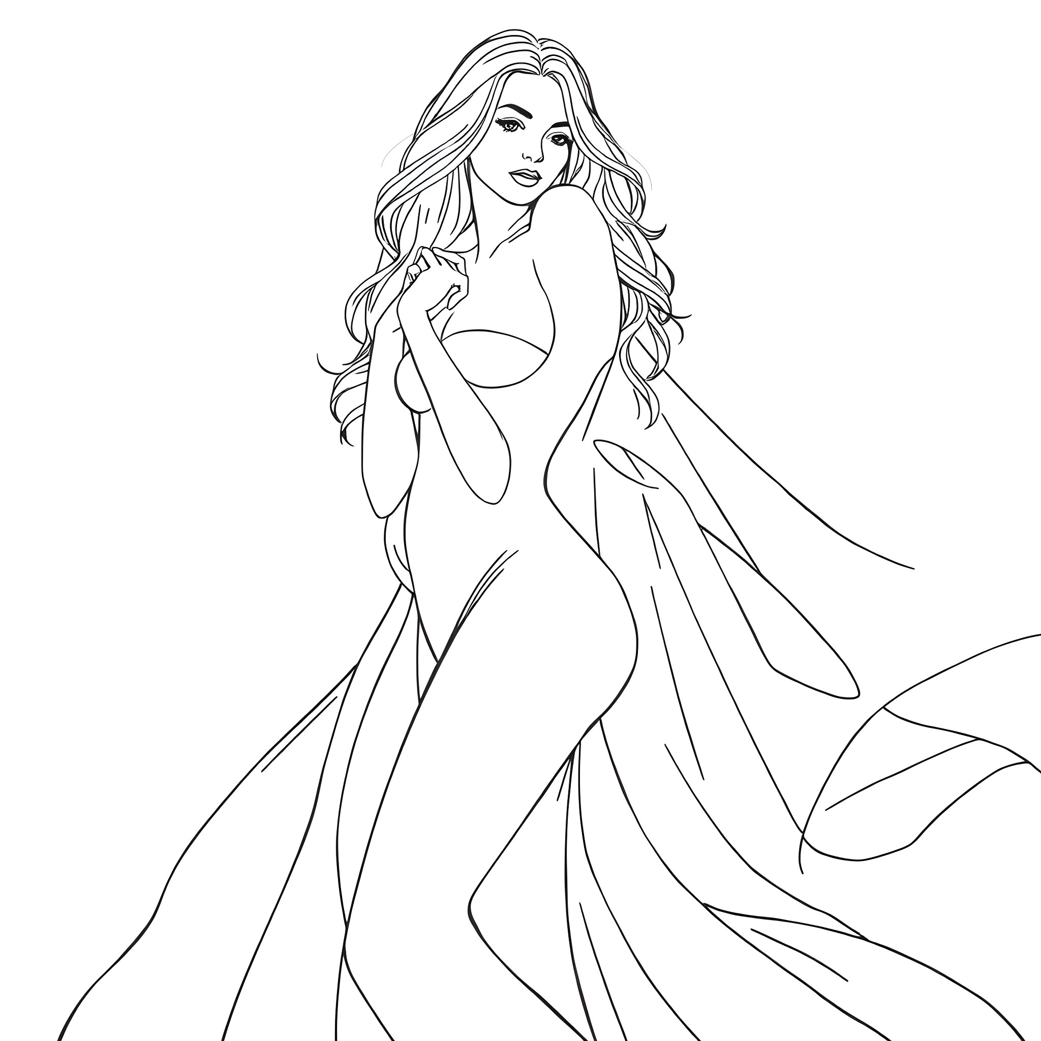 Woman in graceful flowing dress Coloring Page (free black-and-white line drawing printable PDF for all, from beginners to advanced learners, including children, teens, adults, and seniors)