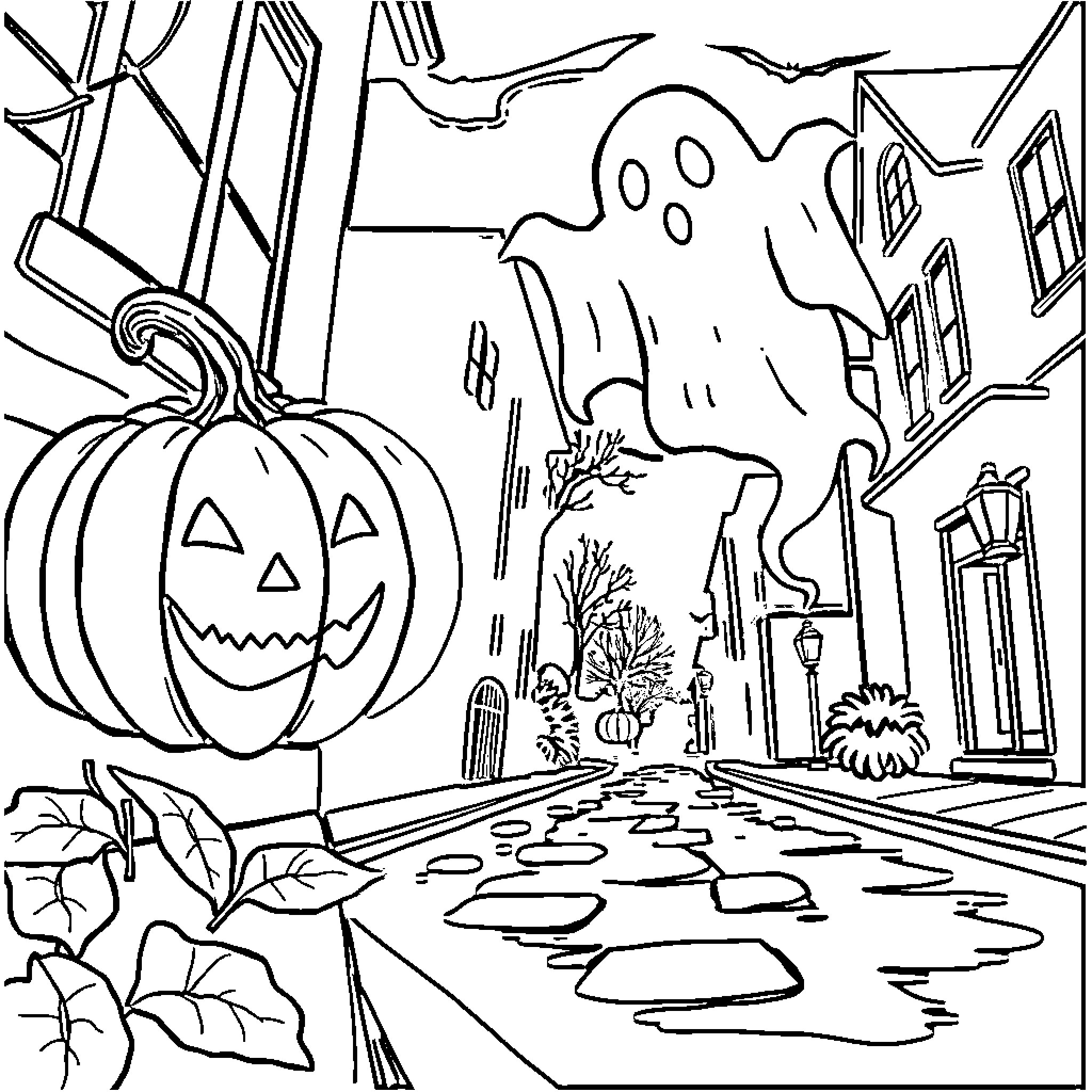 Pumpkin in a haunted town Coloring Page (free black-and-white line drawing printable PDF for all, from beginners to advanced learners, including children, teens, adults, and seniors)