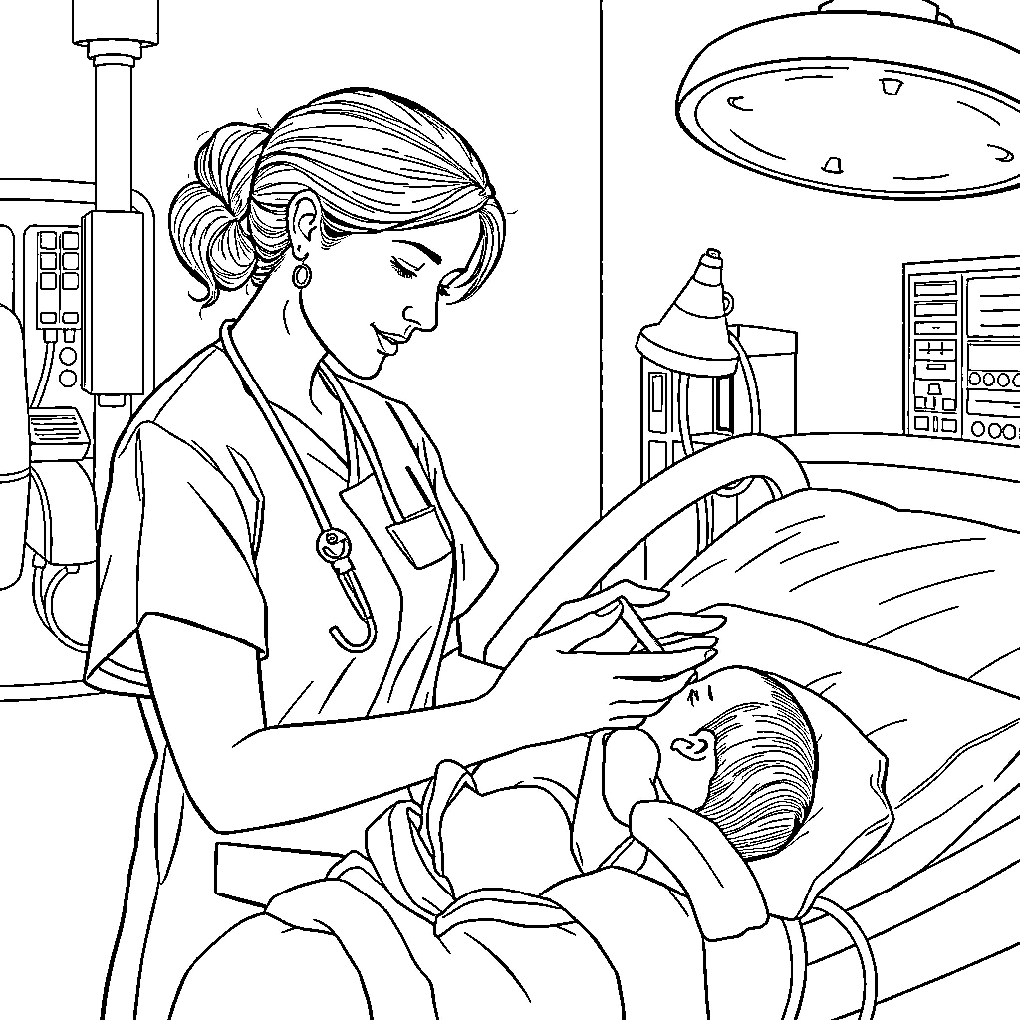 Nurse caring for patient in hospital room Coloring Page (free black-and-white line drawing printable PDF for all, from beginners to advanced learners, including children, teens, adults, and seniors)