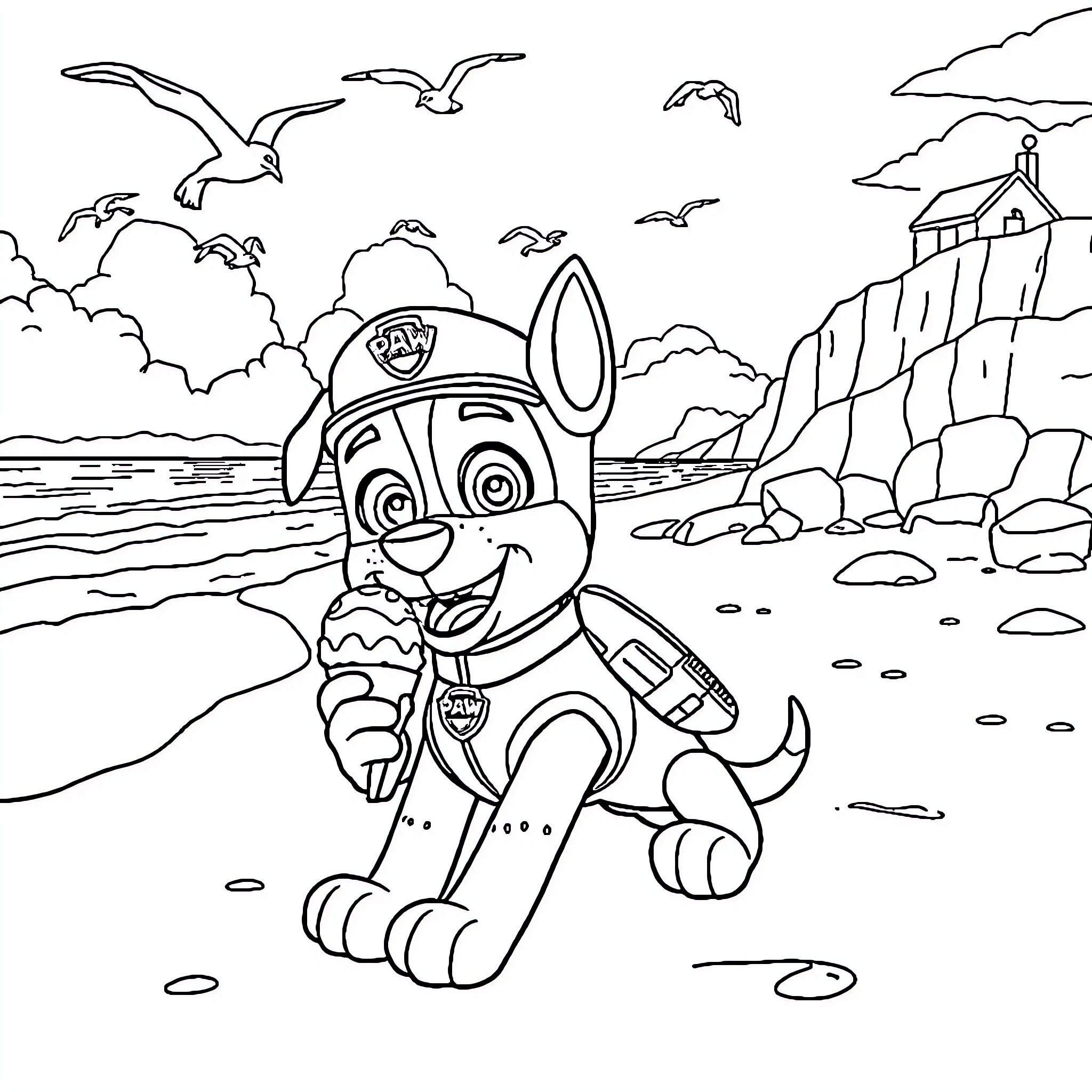 Chase through the Coastal Landscape Coloring Page (free black-and-white line drawing printable PDF for all, from beginners to advanced learners, including children, teens, adults, and seniors)