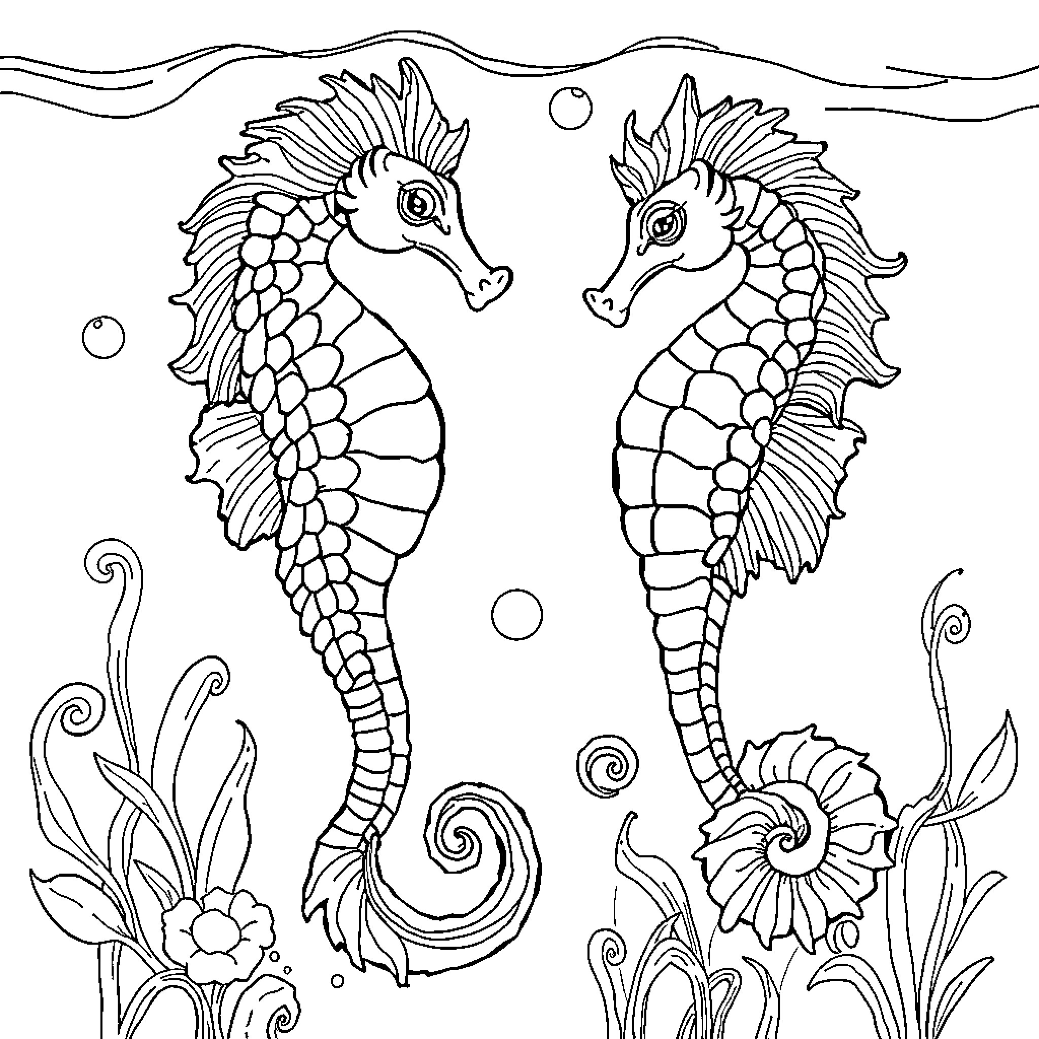 Seahorse couple playfully intertwined in underwater scene Coloring Page (free black-and-white line drawing printable PDF for all, from beginners to advanced learners, including children, teens, adults, and seniors)