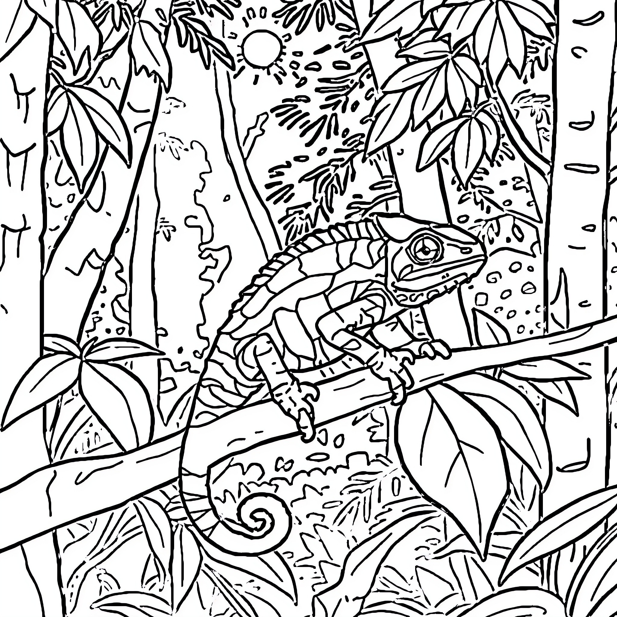 Chameleon exploring the vibrant forest Coloring Page (free black-and-white line drawing printable PDF for all, from beginners to advanced learners, including children, teens, adults, and seniors)