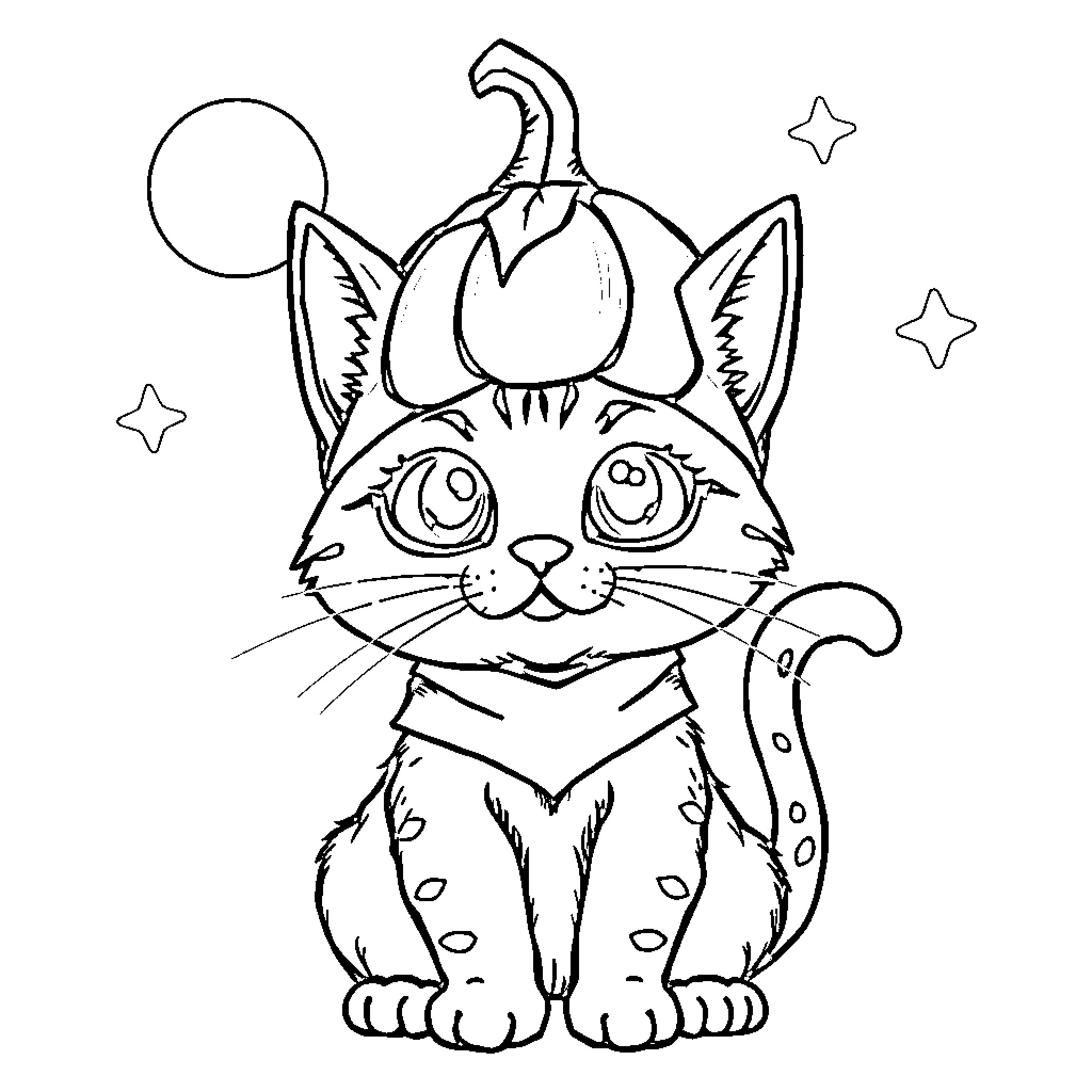 Cat wearing a costume with stars in the night Coloring Page (free black-and-white line drawing printable PDF for all, from beginners to advanced learners, including children, teens, adults, and seniors)