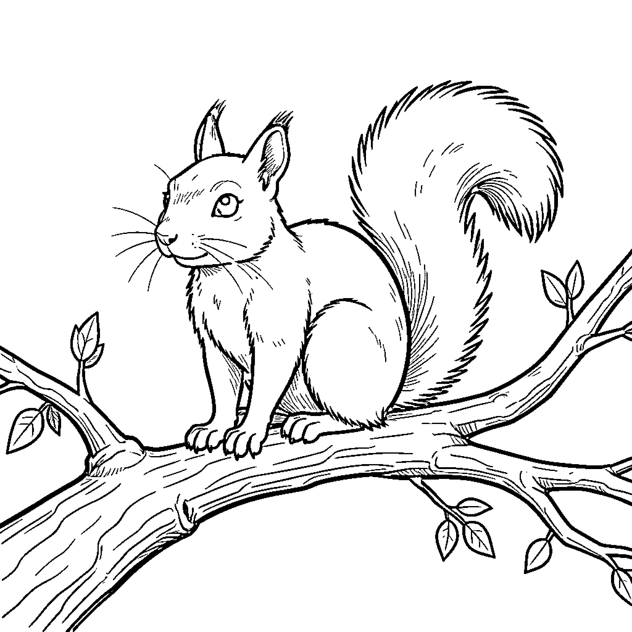 Squirrel perched on a tree branch Coloring Page (free black-and-white line drawing printable PDF for all, from beginners to advanced learners, including children, teens, adults, and seniors)