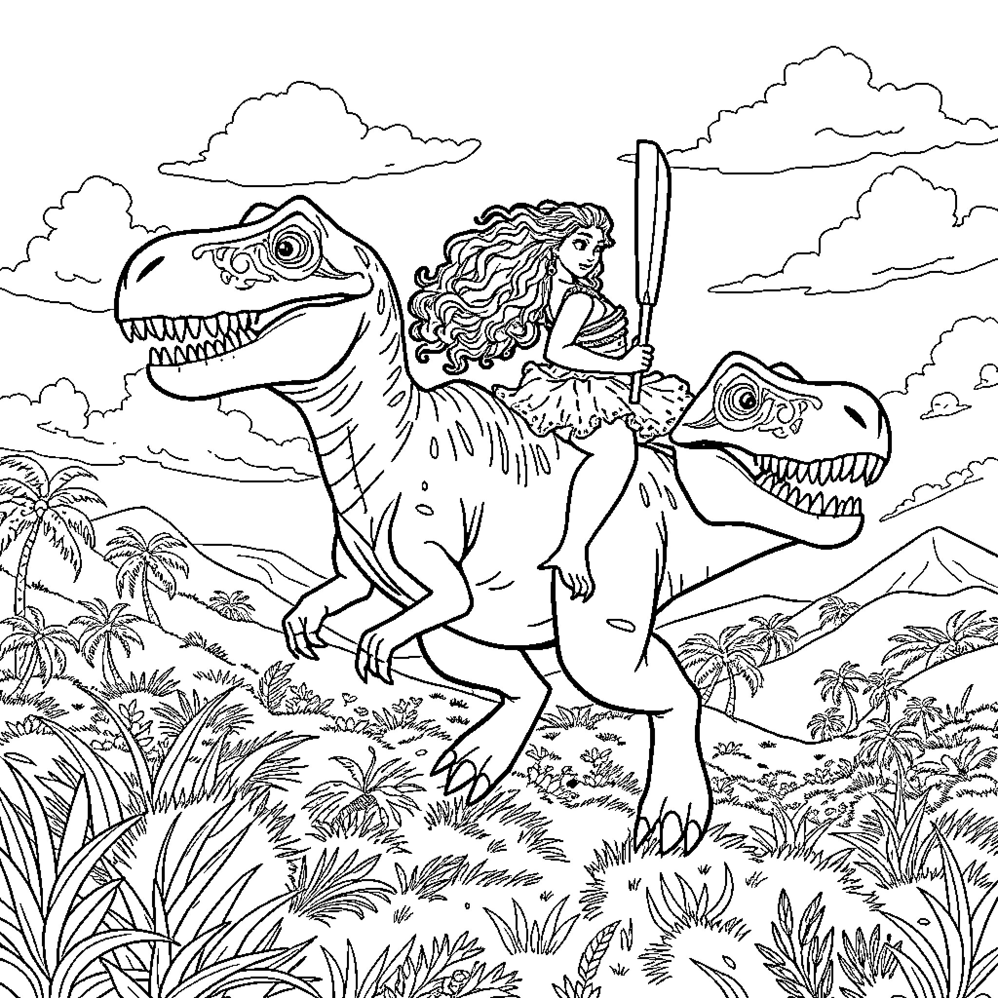 Moana riding dinosaurs in the jungle Coloring Page (free black-and-white line drawing printable PDF for all, from beginners to advanced learners, including children, teens, adults, and seniors)