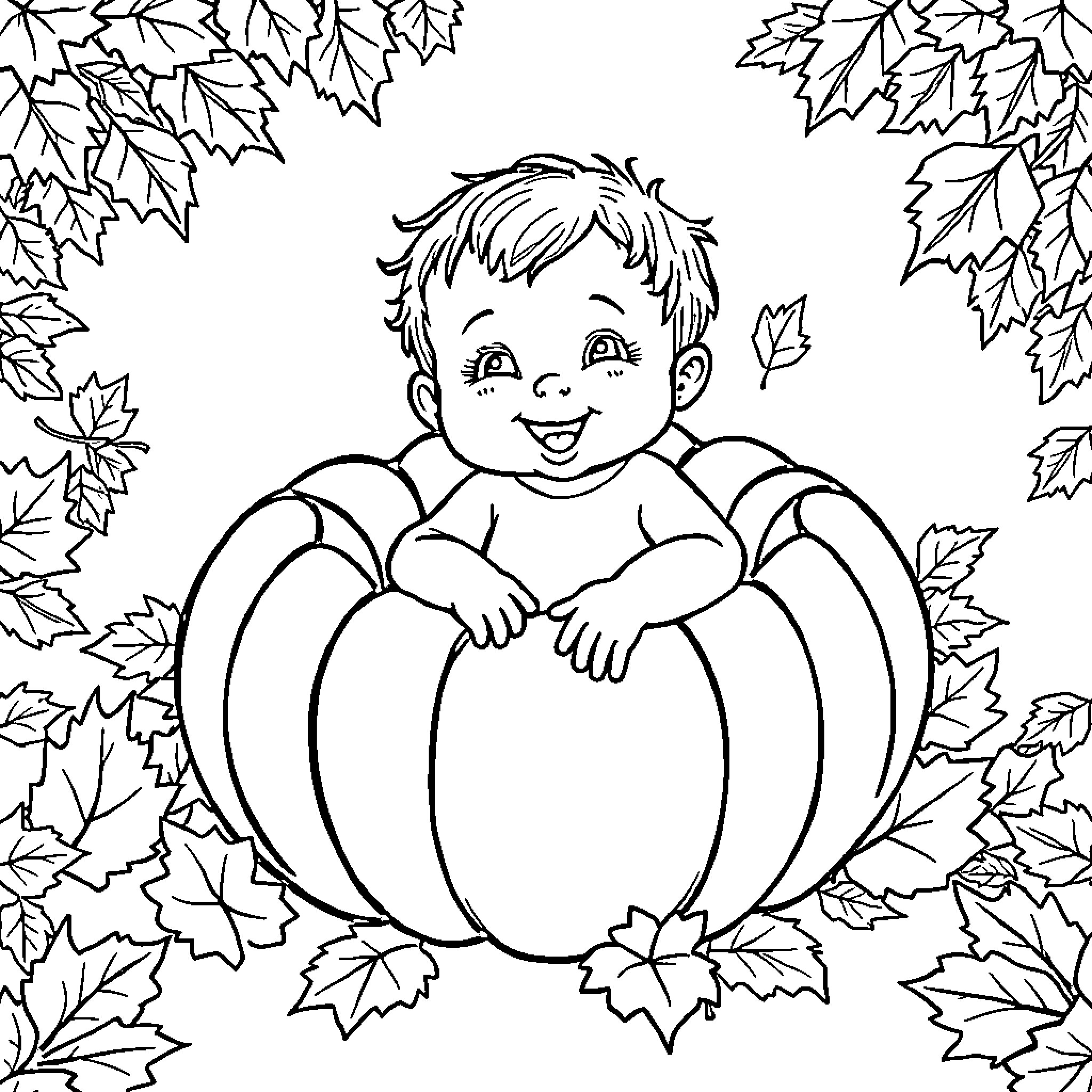 Baby in a pumpkin surrounded by autumn leaves Coloring Page (free black-and-white line drawing printable PDF for all, from beginners to advanced learners, including children, teens, adults, and seniors)