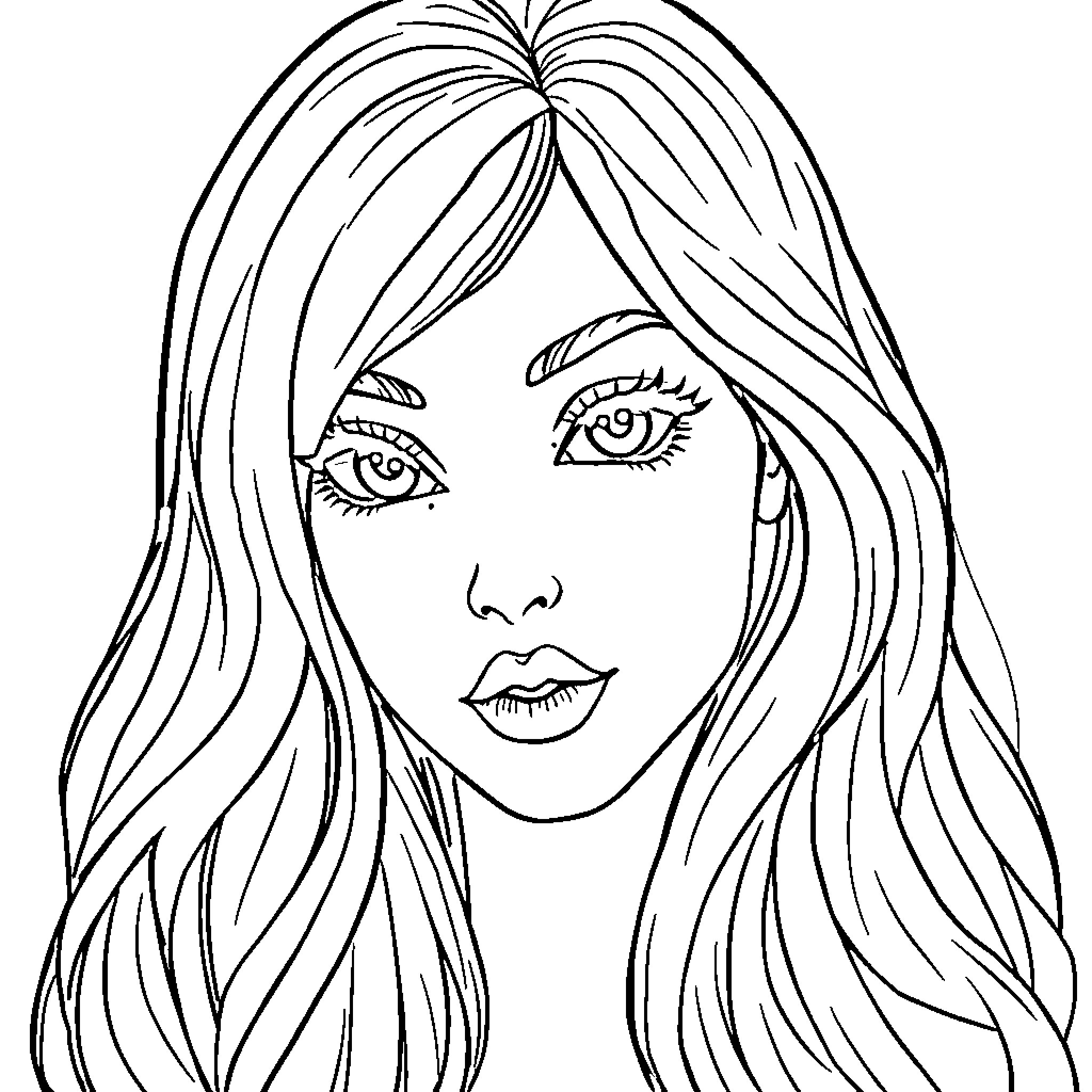 Face of a woman with long flowing hair Coloring Page (free black-and-white line drawing printable PDF for all, from beginners to advanced learners, including children, teens, adults, and seniors)