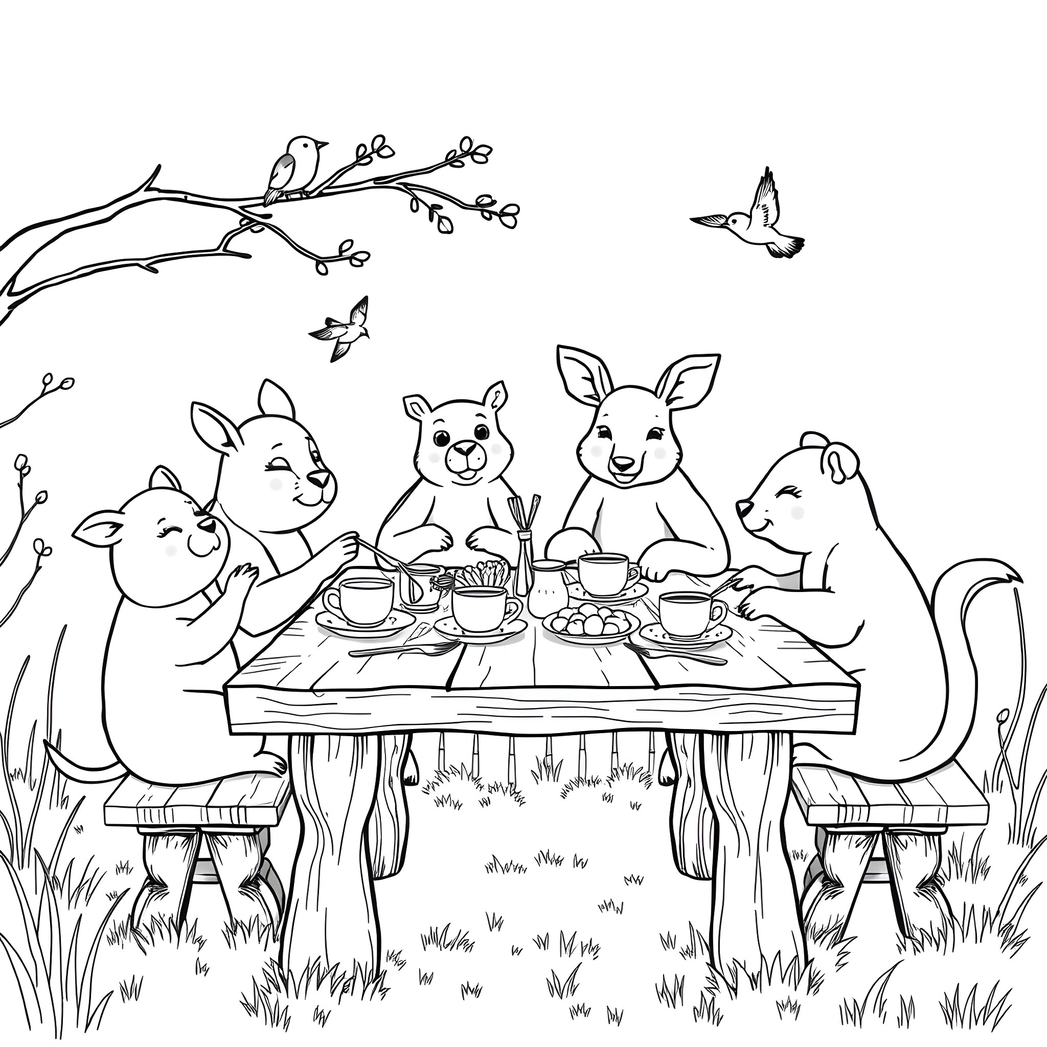 Animal friends enjoying a picnic in the park Coloring Page (free black-and-white line drawing printable PDF for all, from beginners to advanced learners, including children, teens, adults, and seniors)