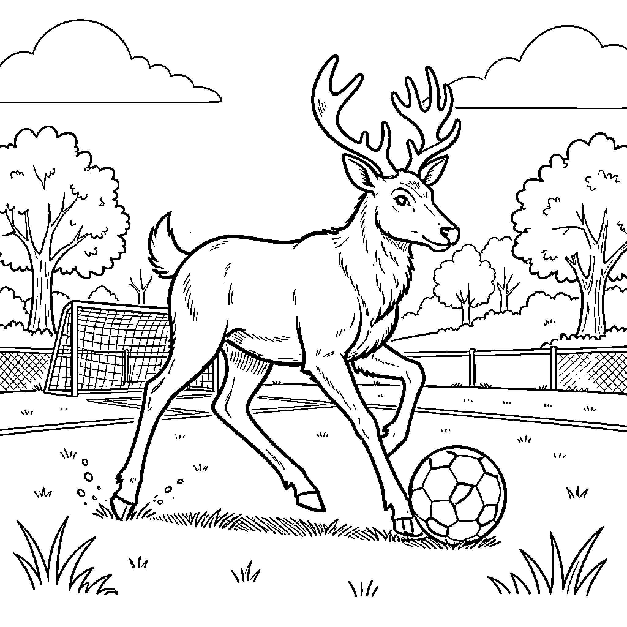 Deer playing soccer on a field Coloring Page (free black-and-white line drawing printable PDF for all, from beginners to advanced learners, including children, teens, adults, and seniors)