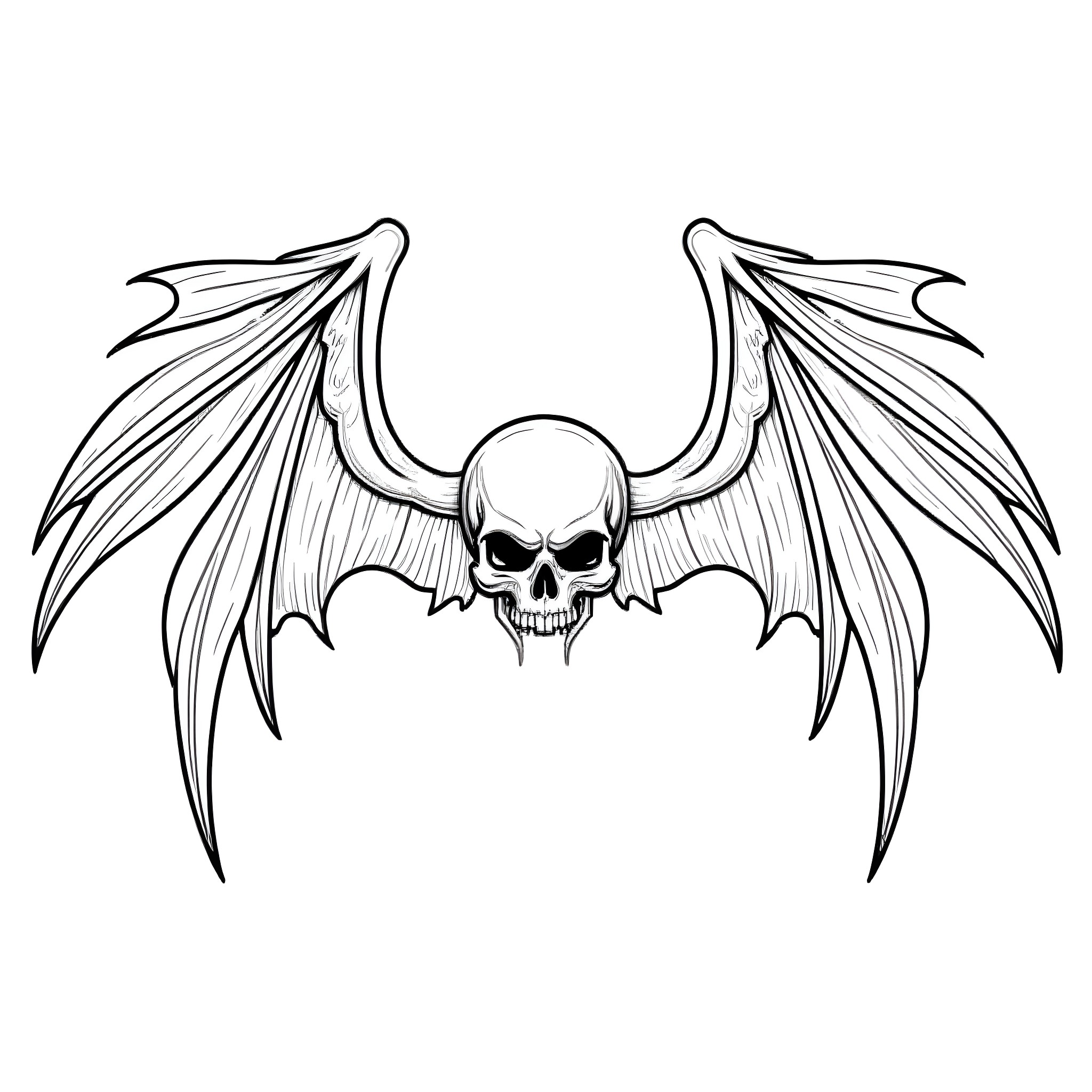 Winged Skull with Ornate Wings Coloring Page (free black-and-white line drawing printable PDF for all, from beginners to advanced learners, including children, teens, adults, and seniors)