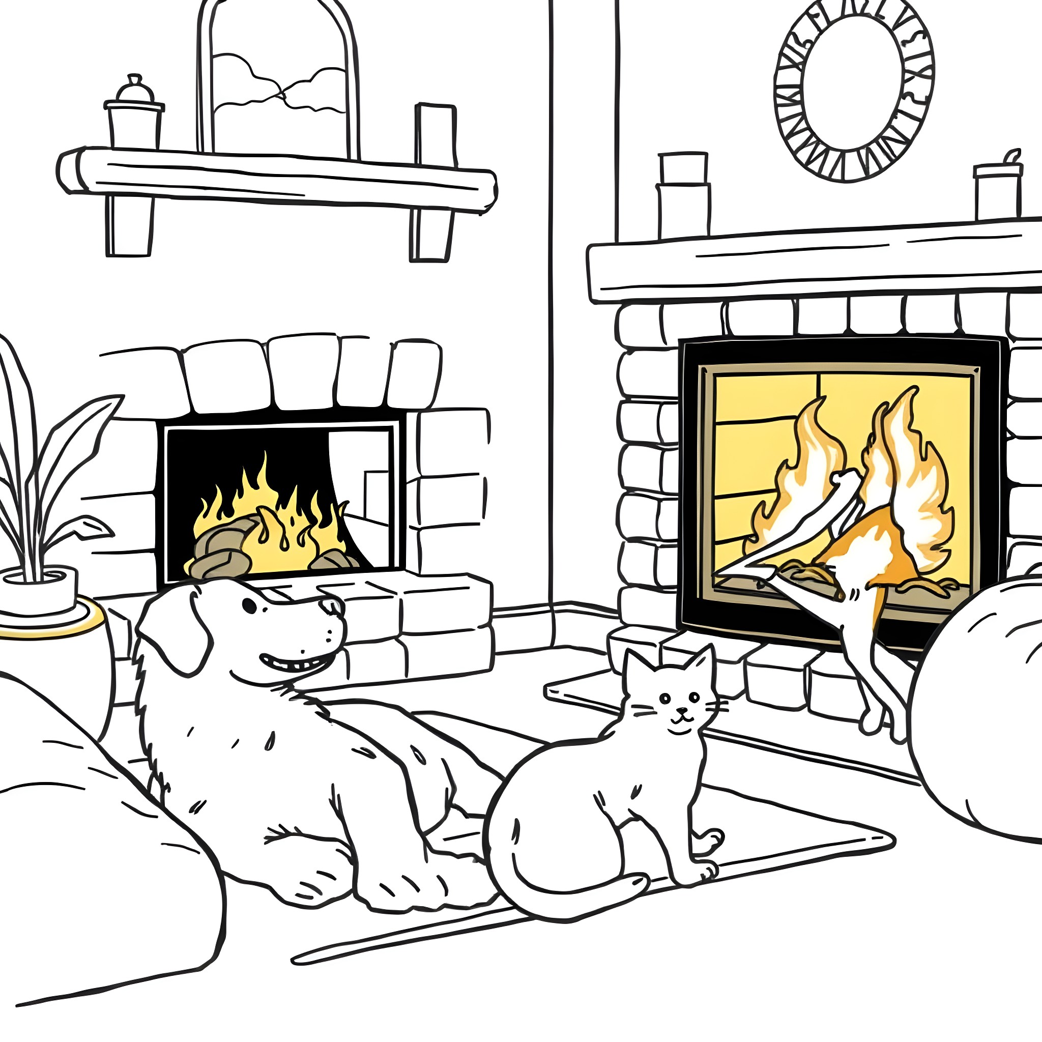 Dog and cat relaxing by the fireplace Coloring Page (free black-and-white line drawing printable PDF for all, from beginners to advanced learners, including children, teens, adults, and seniors)