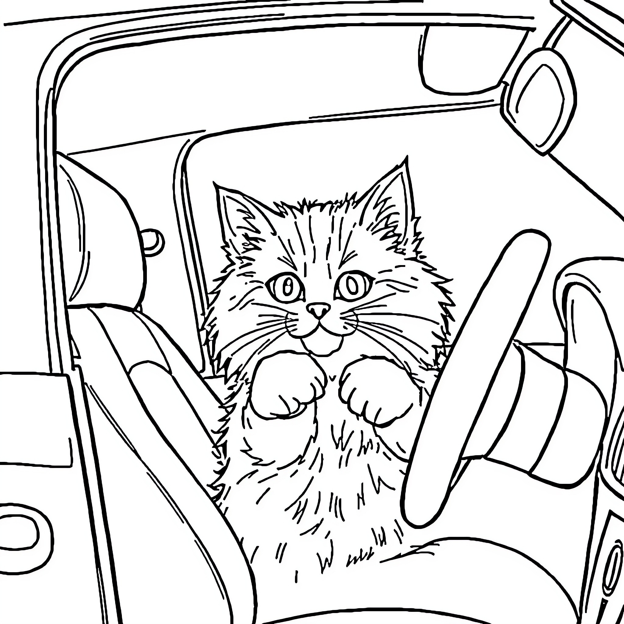 Cat riding in car Coloring Page (free black-and-white line drawing printable PDF for all, from beginners to advanced learners, including children, teens, adults, and seniors)