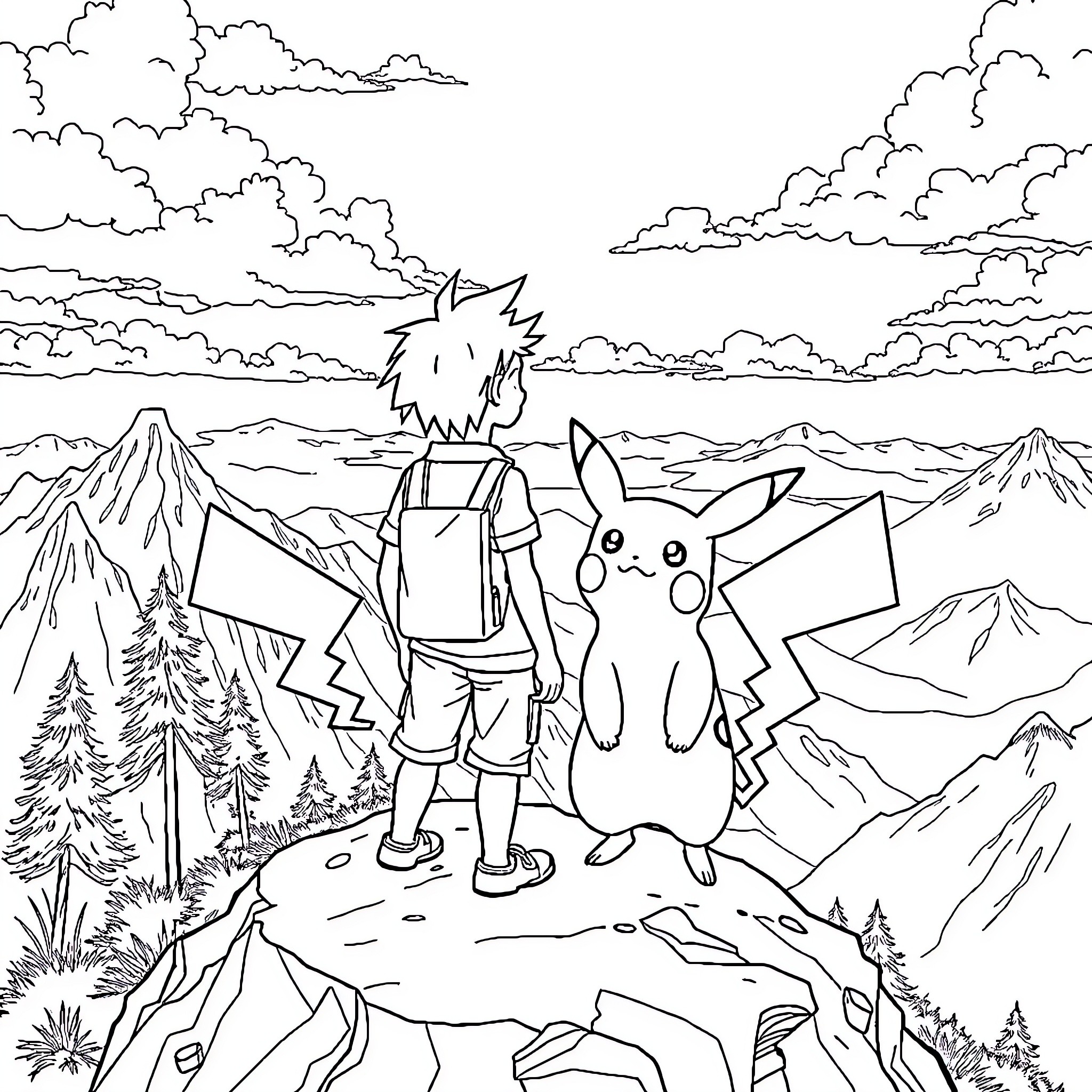 Pikachu's Outdoor Adventure in the Mountains Coloring Page (free black-and-white line drawing printable PDF for all, from beginners to advanced learners, including children, teens, adults, and seniors)