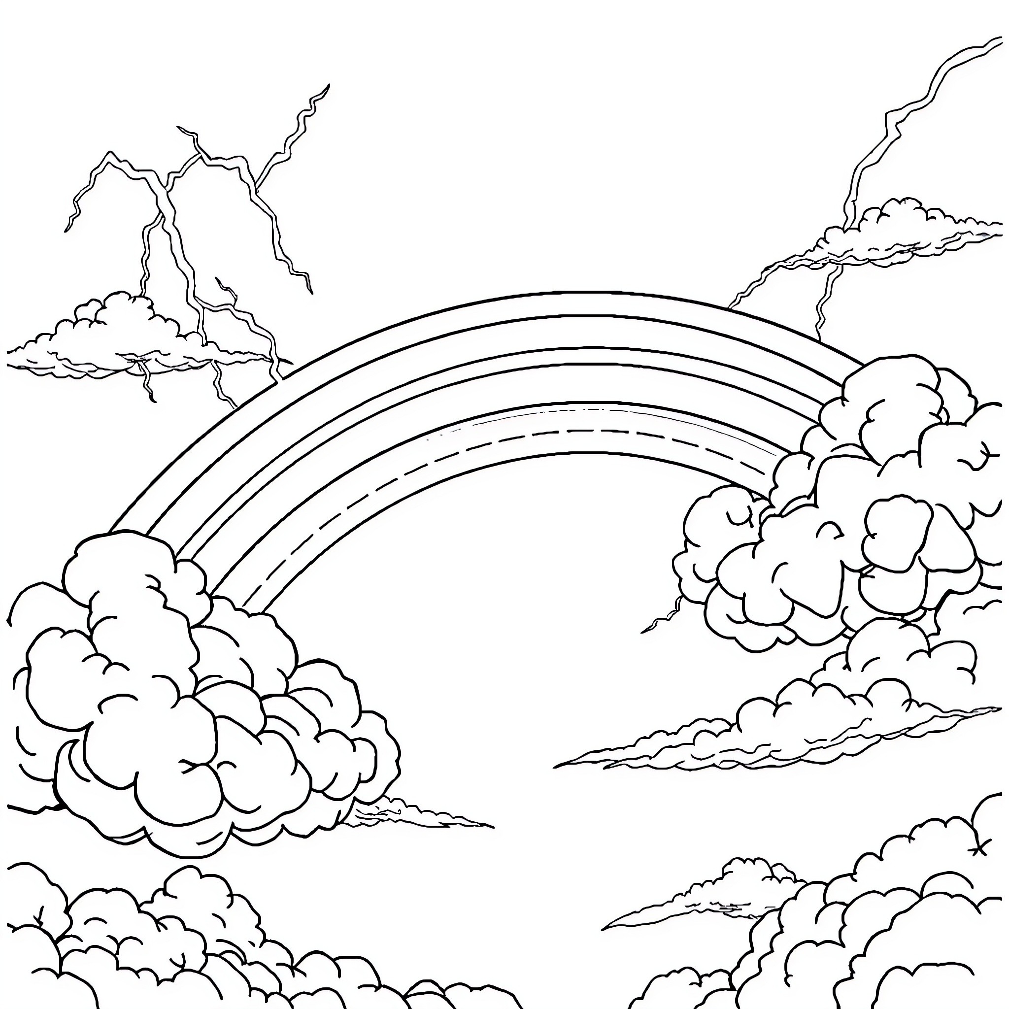 Rainbow over dramatic skies and clouds Coloring Page (free black-and-white line drawing printable PDF for all, from beginners to advanced learners, including children, teens, adults, and seniors)