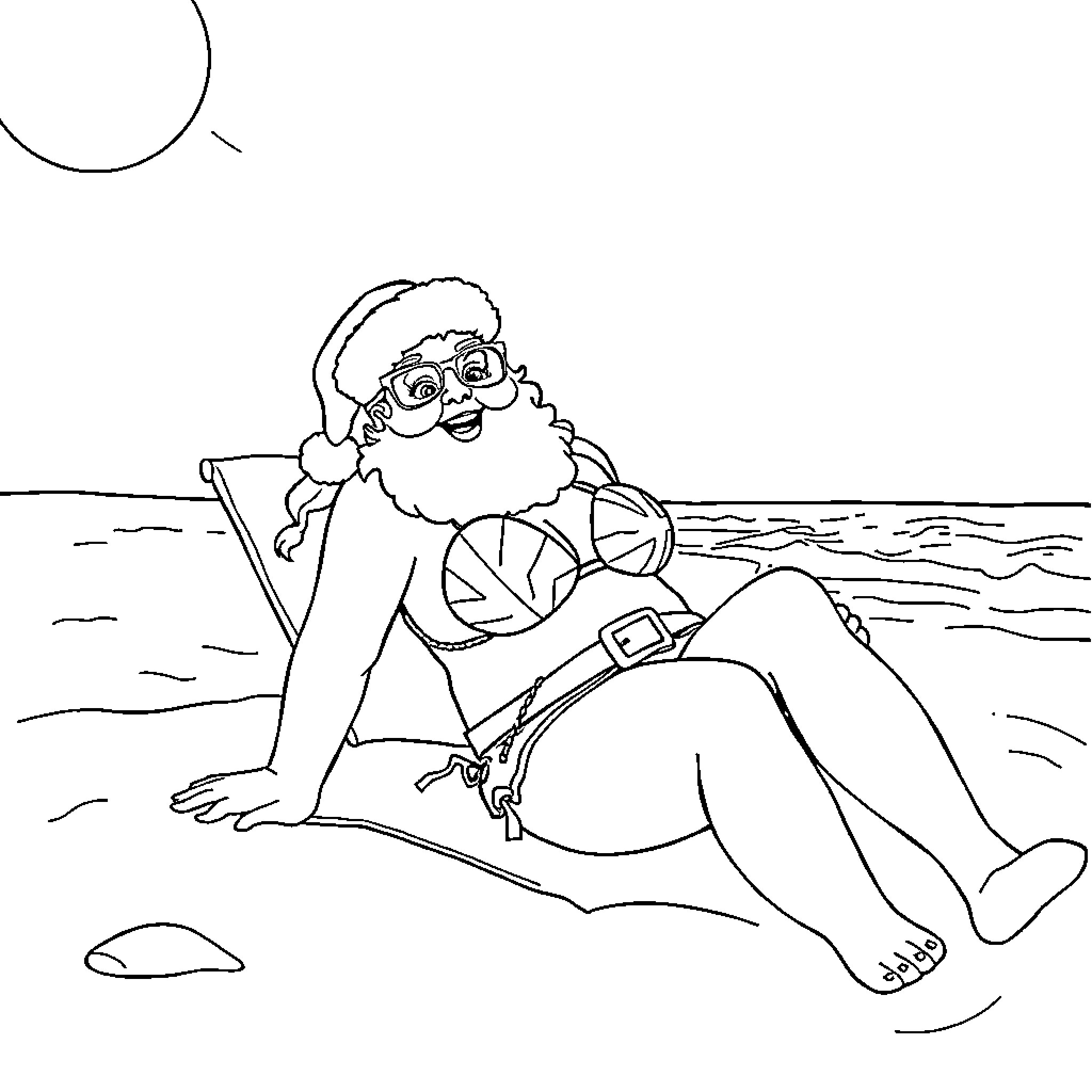 Mrs. Claus relaxing on the beach Coloring Page (free black-and-white line drawing printable PDF for all, from beginners to advanced learners, including children, teens, adults, and seniors)