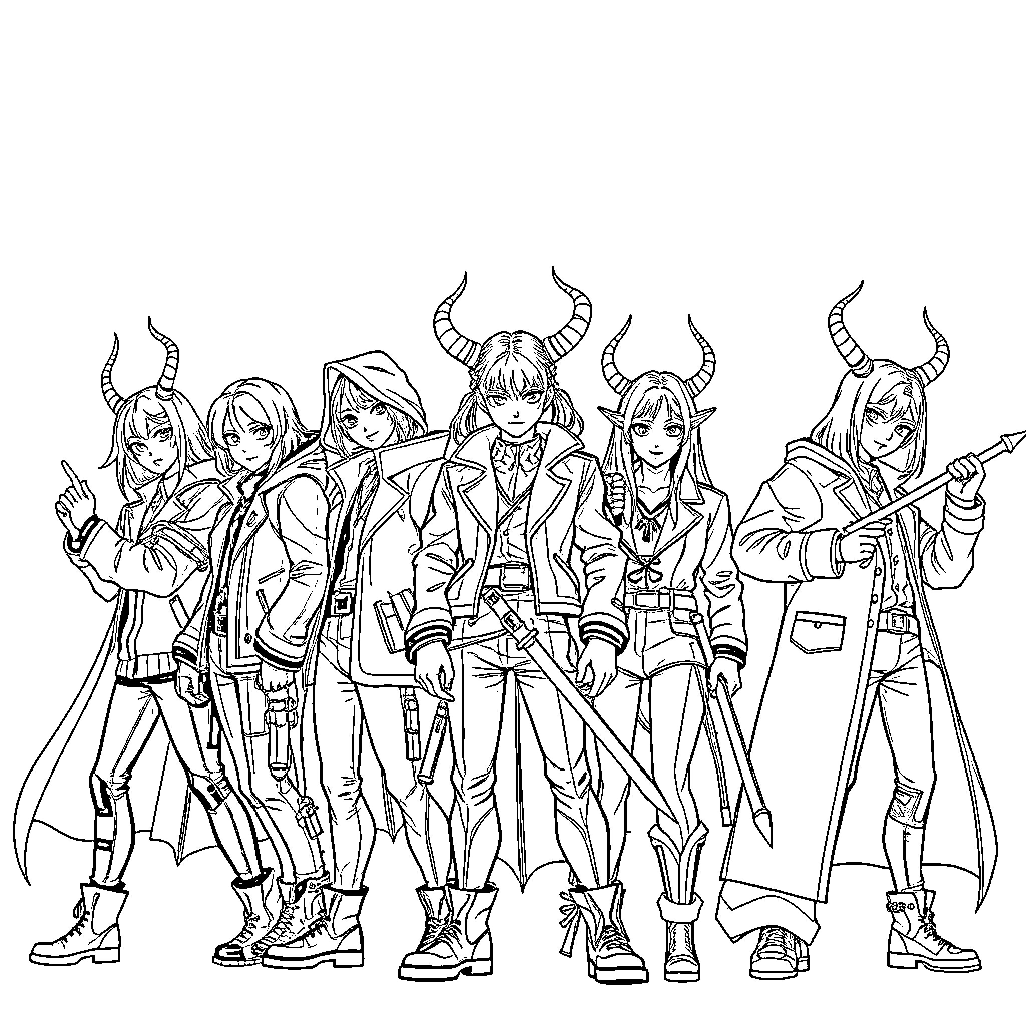 Demon Hunter Squad in Action-Packed Attire Coloring Page (free black-and-white line drawing printable PDF for all, from beginners to advanced learners, including children, teens, adults, and seniors)
