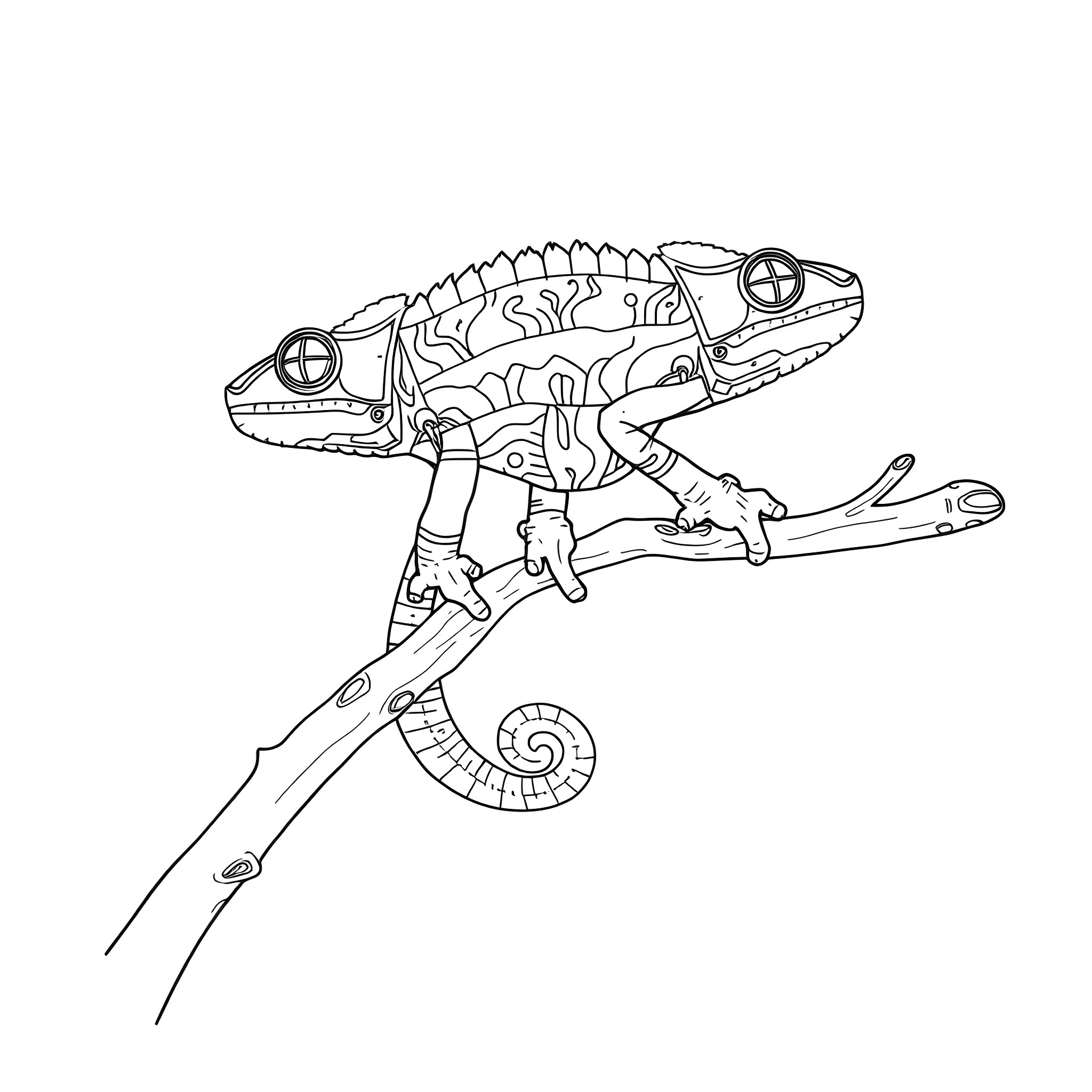 Chameleon's Mechanical Transformation Coloring Page (free black-and-white line drawing printable PDF for all, from beginners to advanced learners, including children, teens, adults, and seniors)