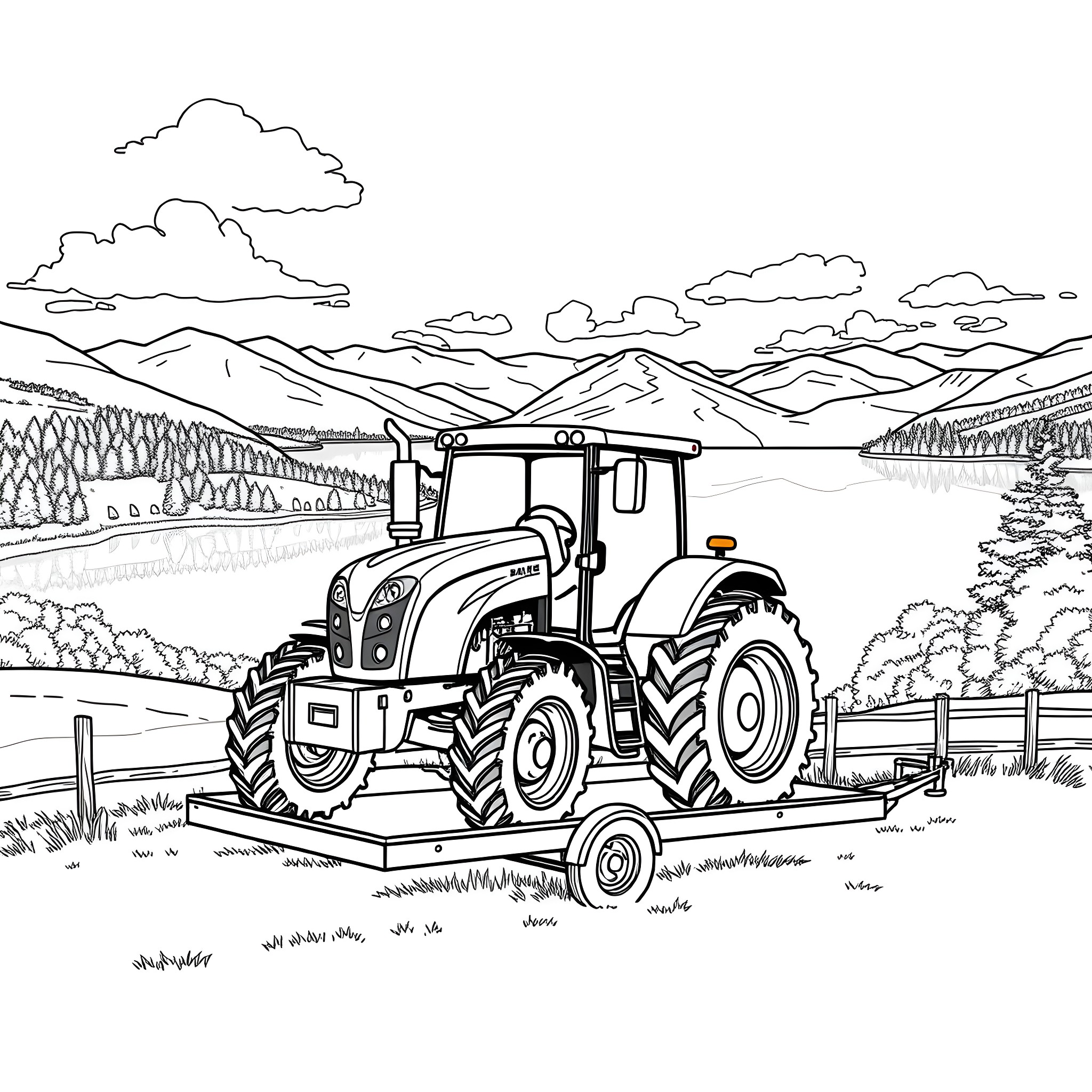 Tractor working in scenic countryside landscape Coloring Page (free black-and-white line drawing printable PDF for all, from beginners to advanced learners, including children, teens, adults, and seniors)