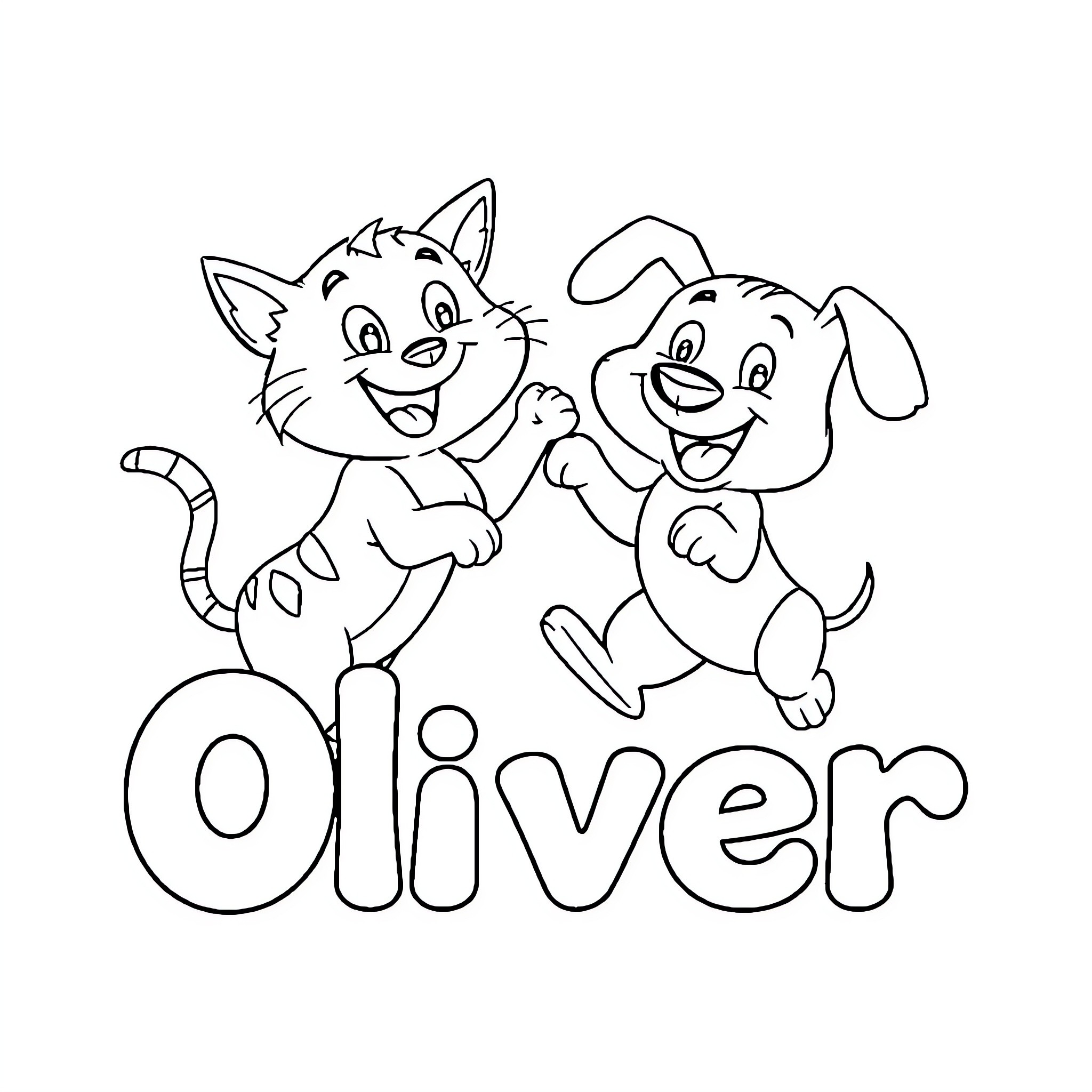 Cat and Dog Playing with Oliver Coloring Page (free black-and-white line drawing printable PDF for all, from beginners to advanced learners, including children, teens, adults, and seniors)