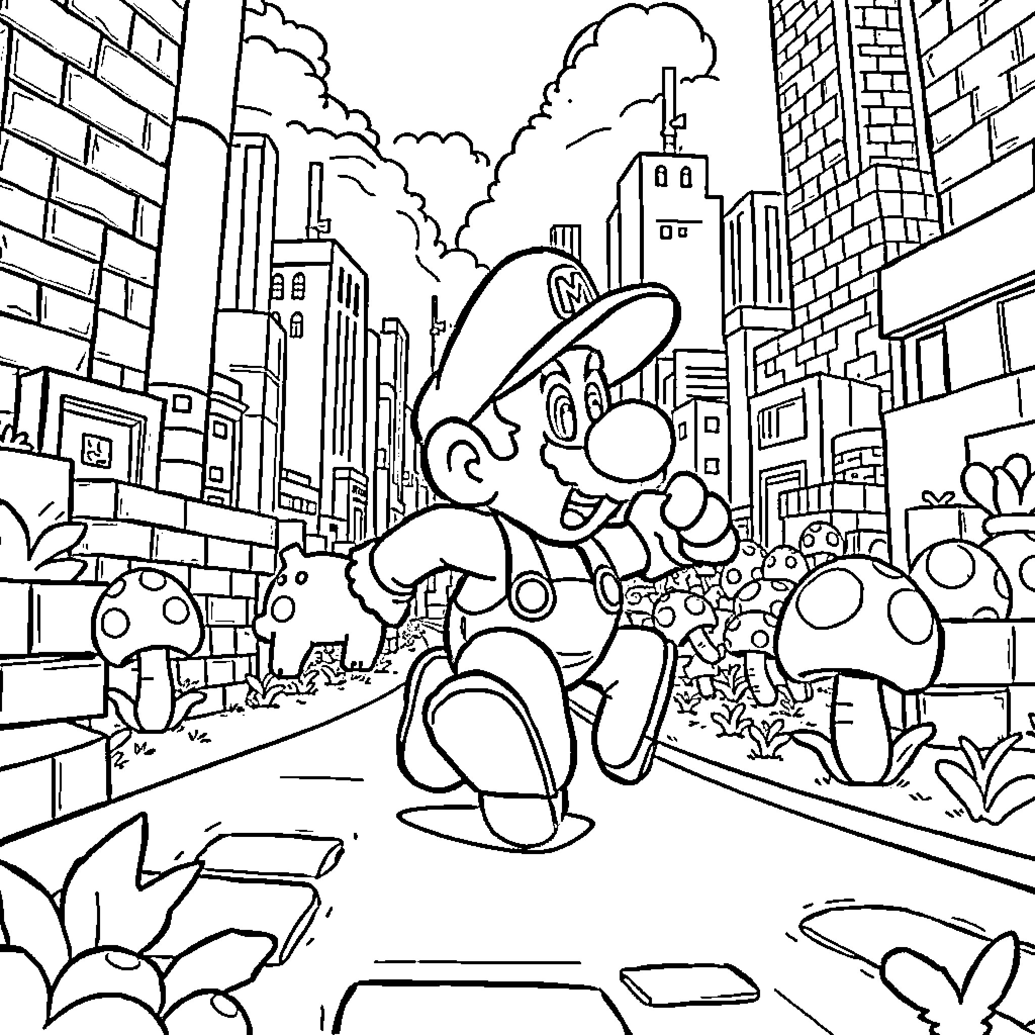 Mario Exploring the Vibrant City Landscape Coloring Page (free black-and-white line drawing printable PDF for all, from beginners to advanced learners, including children, teens, adults, and seniors)