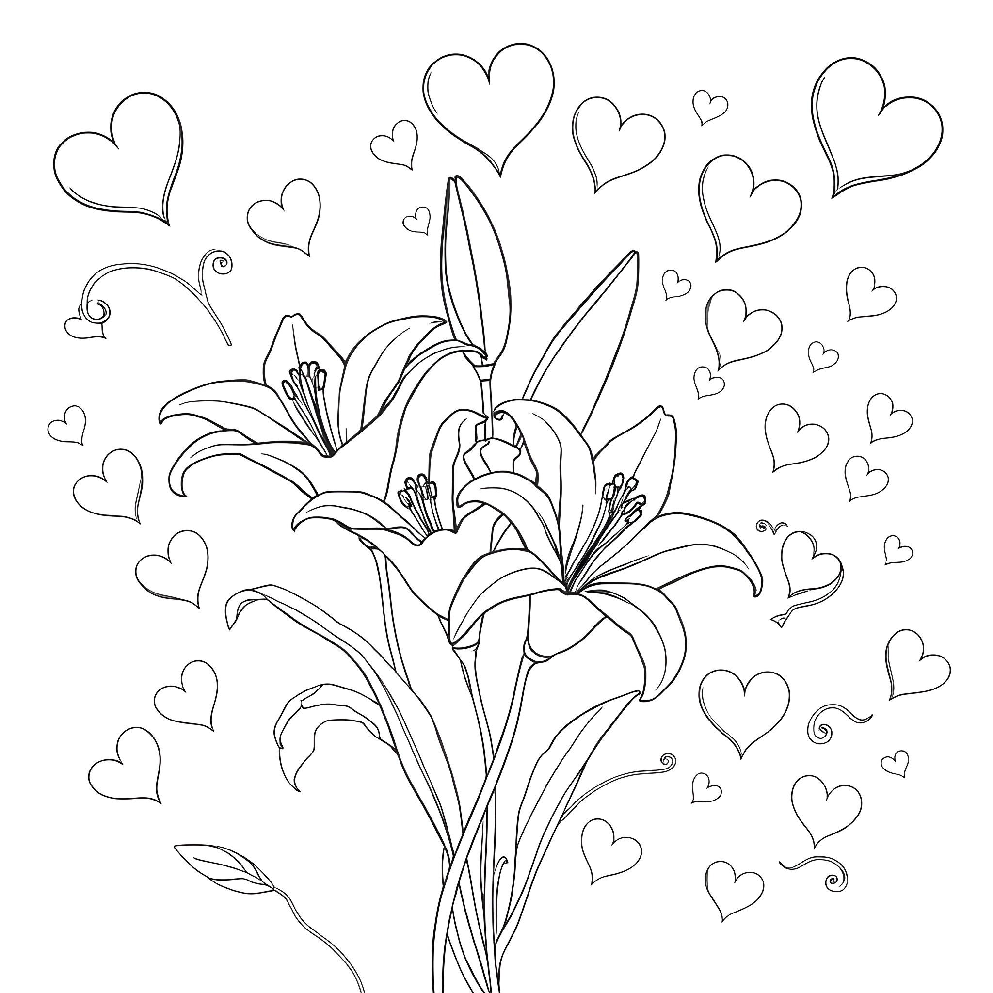 Lily flowers surrounded by hearts Coloring Page (free black-and-white line drawing printable PDF for all, from beginners to advanced learners, including children, teens, adults, and seniors)
