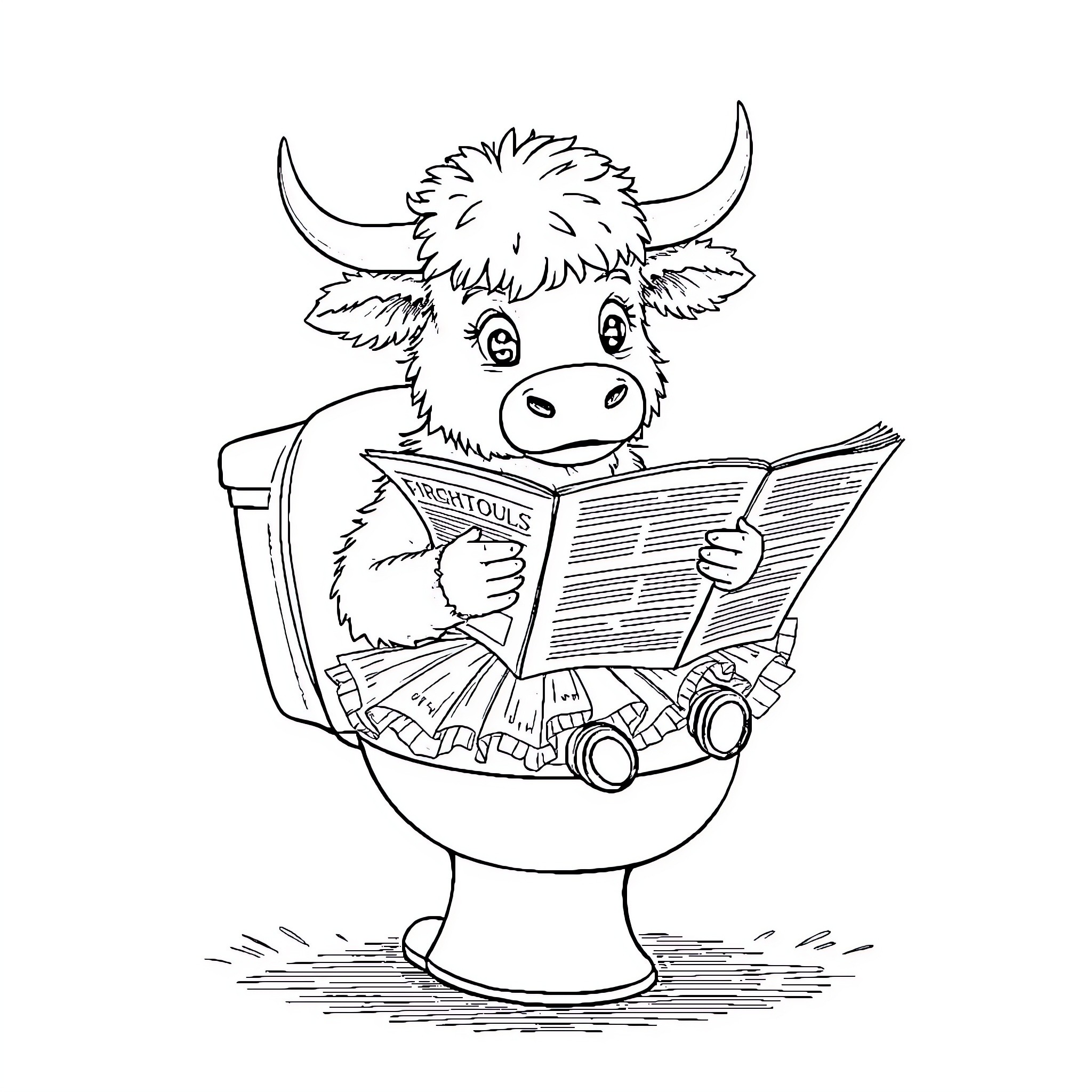 Cow reading a book in a toilet Coloring Page (free black-and-white line drawing printable PDF for all, from beginners to advanced learners, including children, teens, adults, and seniors)