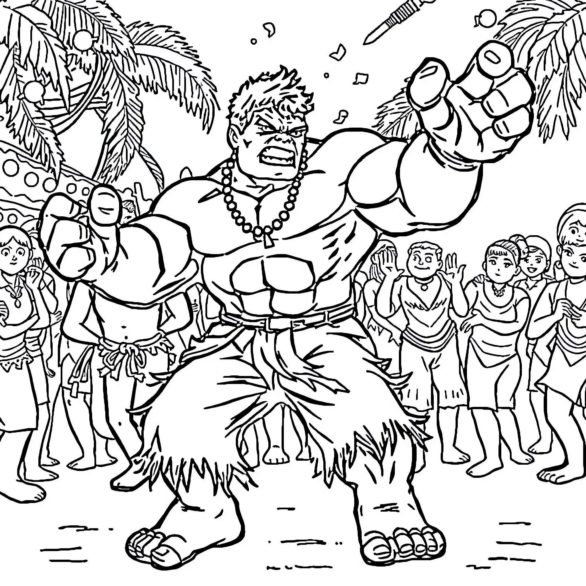 Hulk's Tribal Dance Celebration Coloring Page (free black-and-white line drawing printable PDF for all, from beginners to advanced learners, including children, teens, adults, and seniors)
