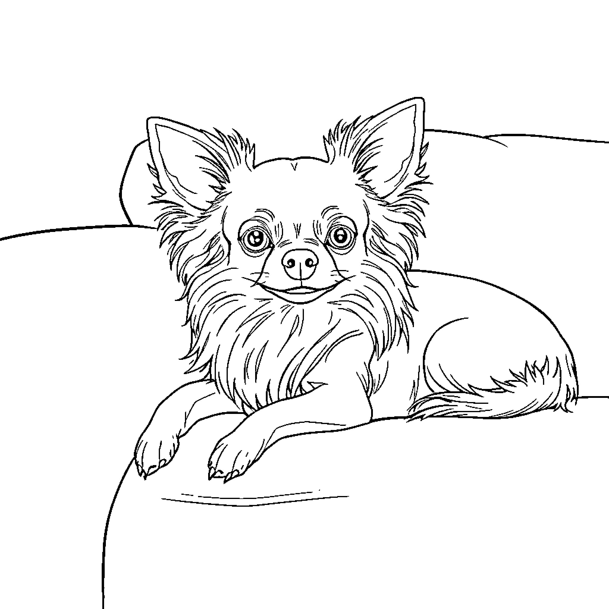 Chihuahua sitting on couch with alert expression Coloring Page (free black-and-white line drawing printable PDF for all, from beginners to advanced learners, including children, teens, adults, and seniors)