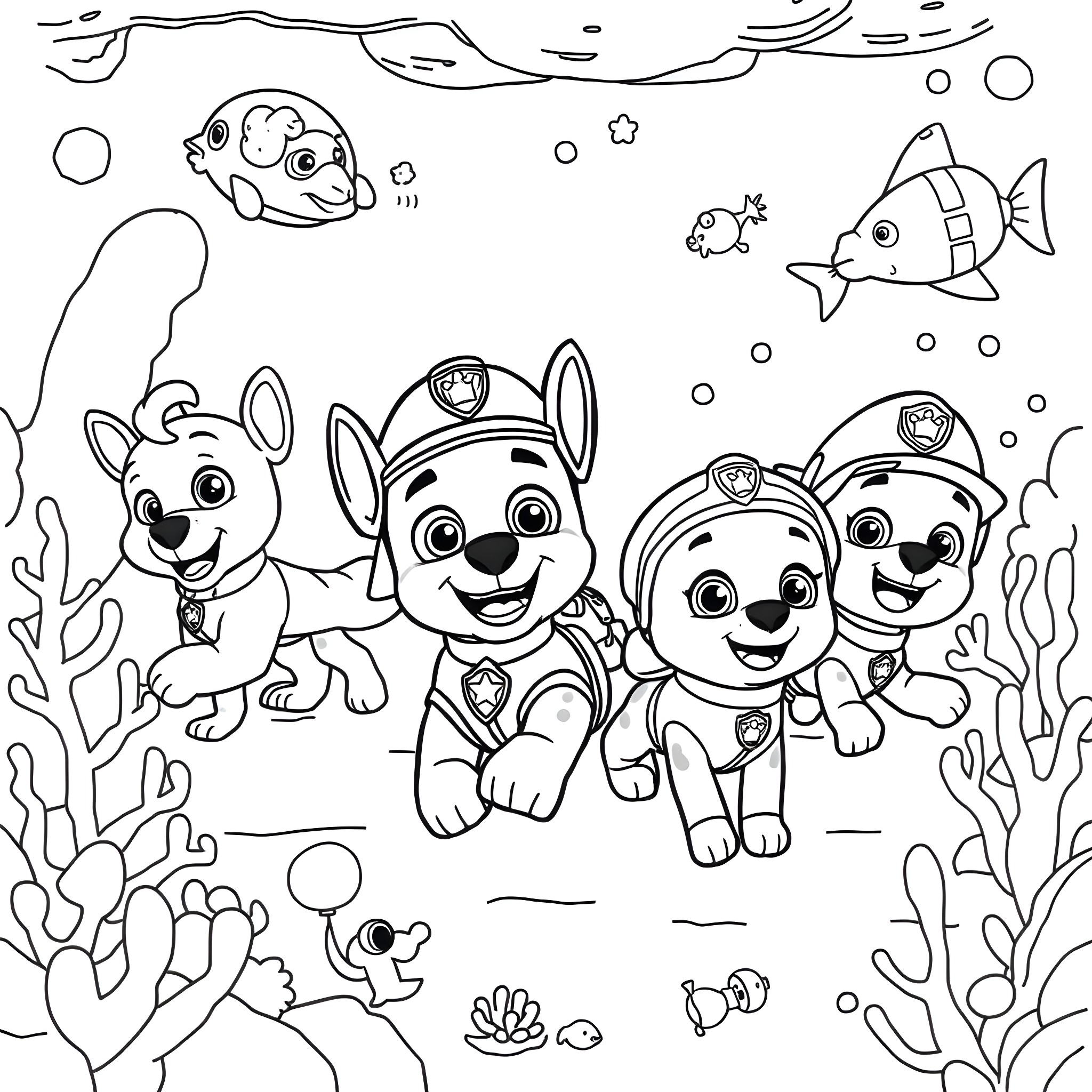 Paw Patrol Puppies Explore the Underwater World Coloring Page (free black-and-white line drawing printable PDF for all, from beginners to advanced learners, including children, teens, adults, and seniors)