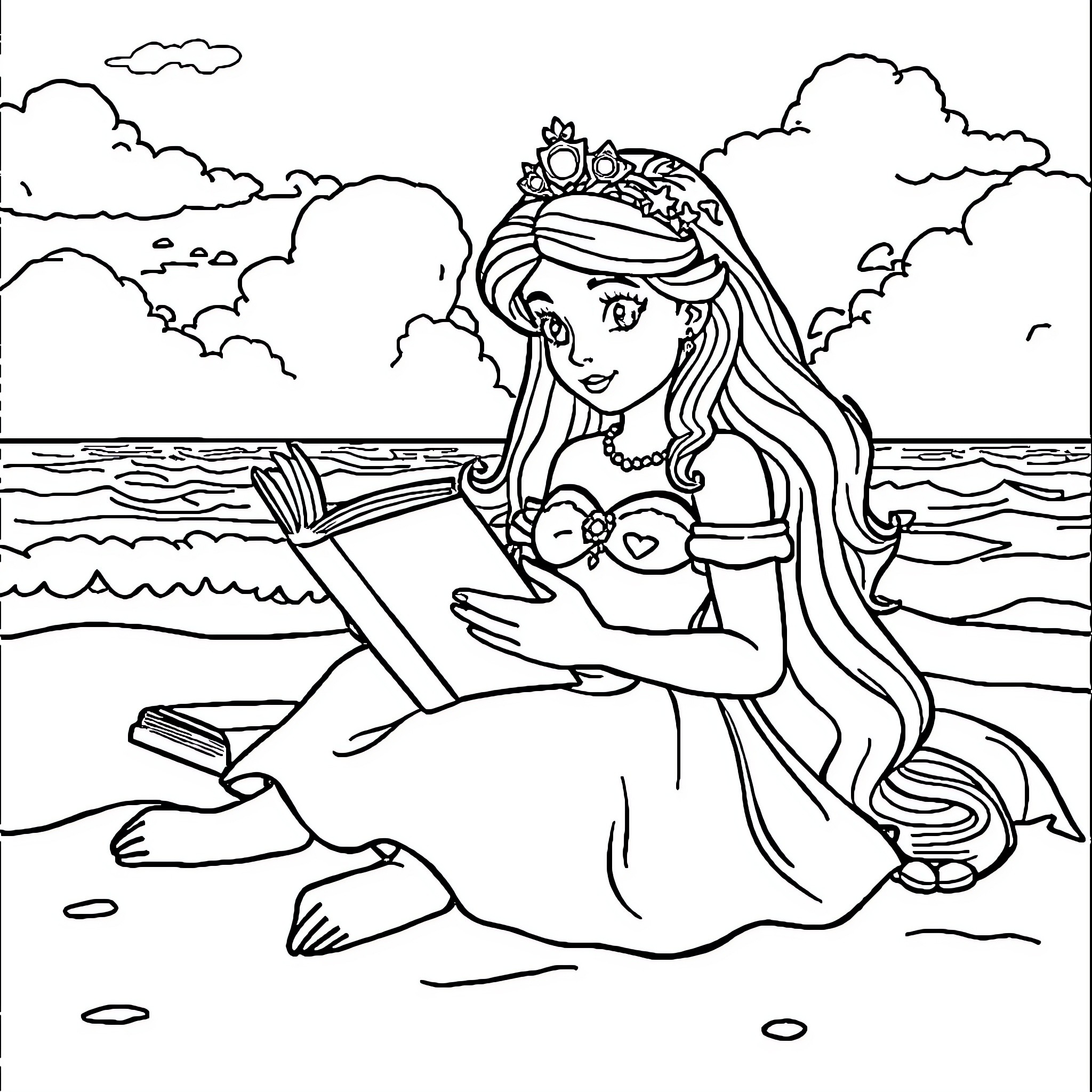 Princess reading a book on the beach Coloring Page (free black-and-white line drawing printable PDF for all, from beginners to advanced learners, including children, teens, adults, and seniors)