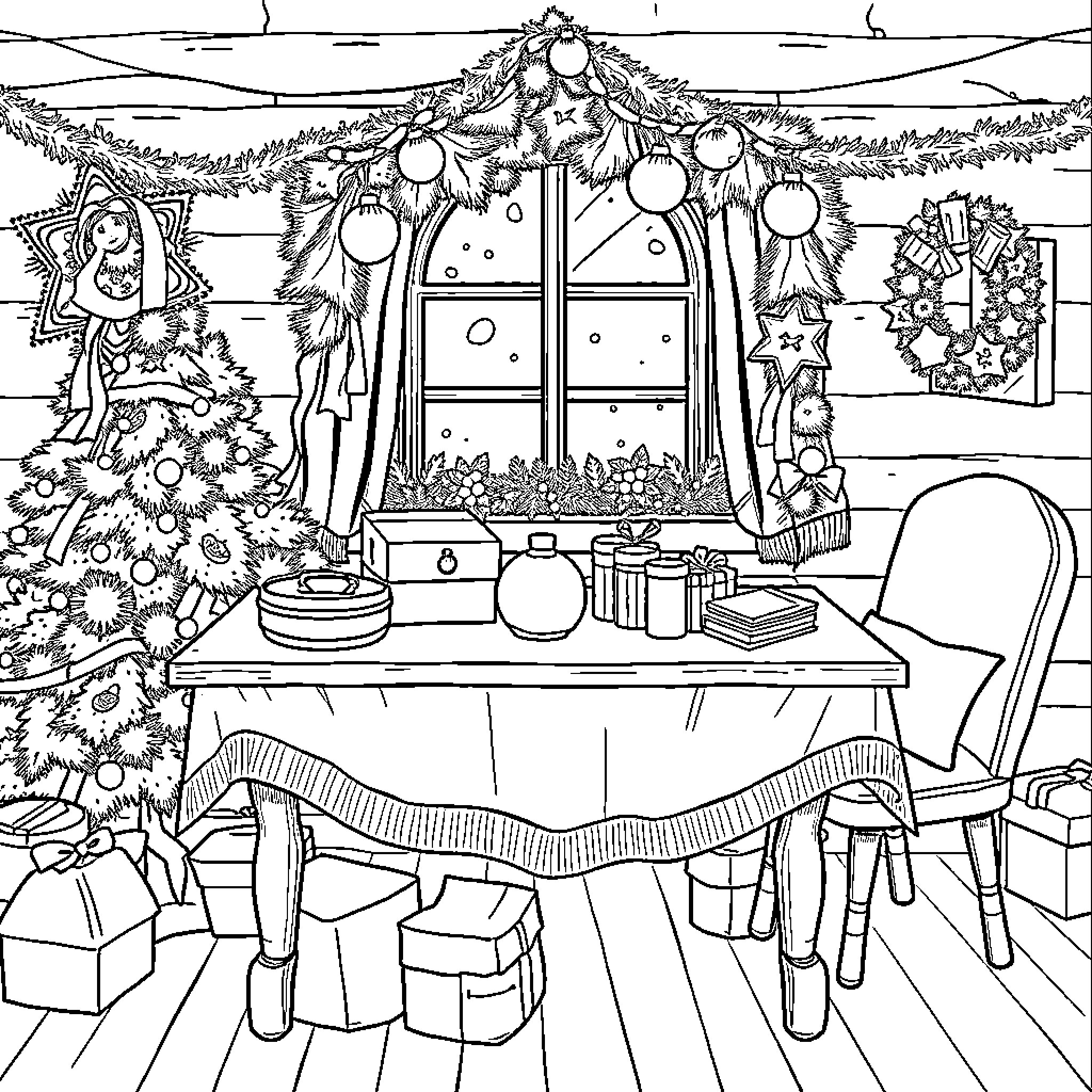 Wound Care in a Cozy Holiday Setting Coloring Page (free black-and-white line drawing printable PDF for all, from beginners to advanced learners, including children, teens, adults, and seniors)