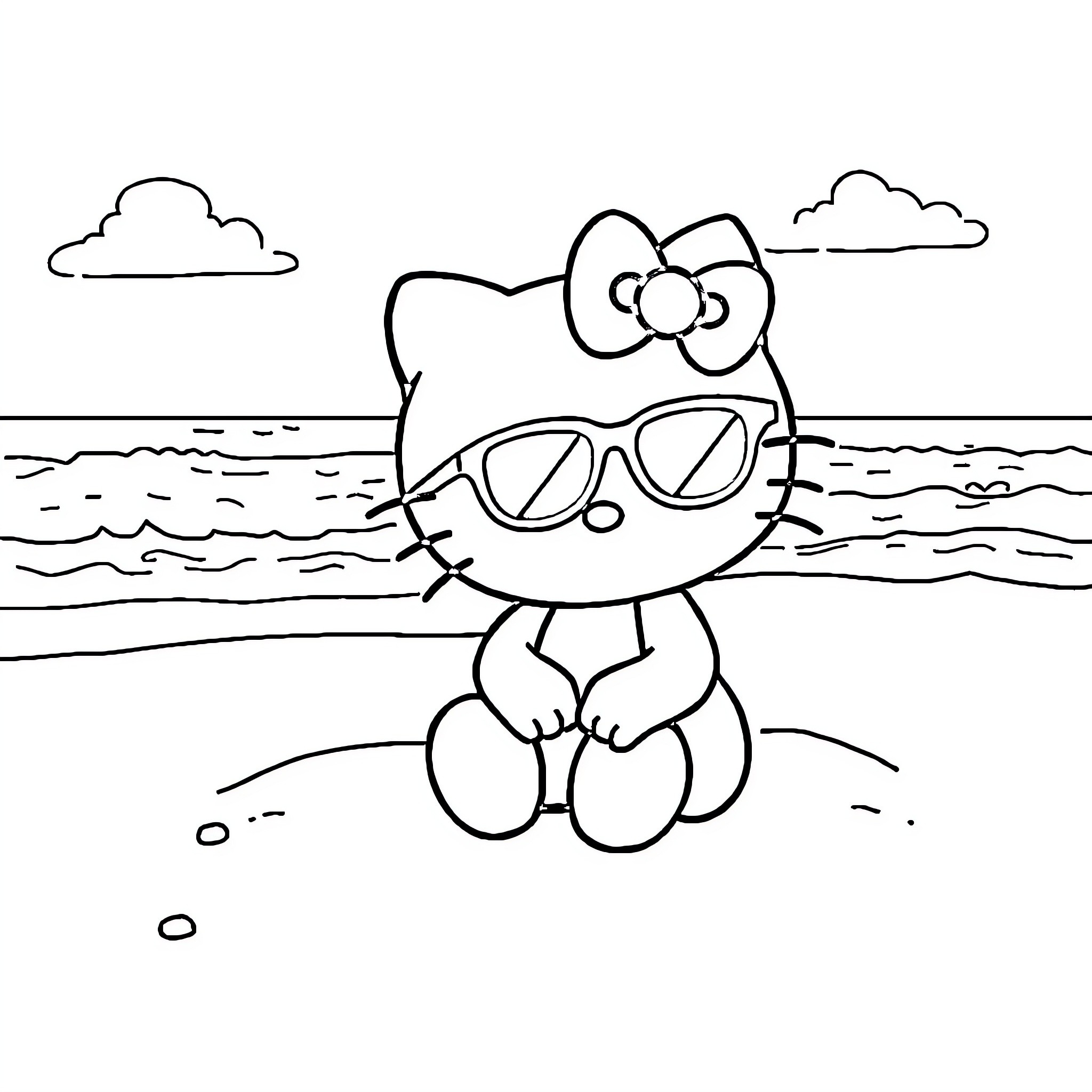 Hello Kitty enjoying the beach in sunglasses Coloring Page (free black-and-white line drawing printable PDF for all, from beginners to advanced learners, including children, teens, adults, and seniors)