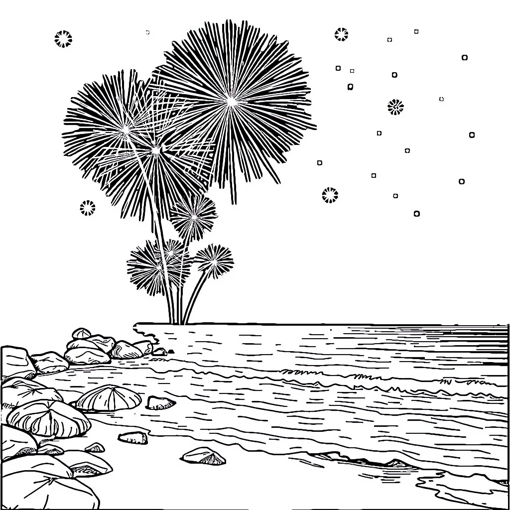 Sea Creatures in the Underwater Landscape Coloring Page (free black-and-white line drawing printable PDF for all, from beginners to advanced learners, including children, teens, adults, and seniors)