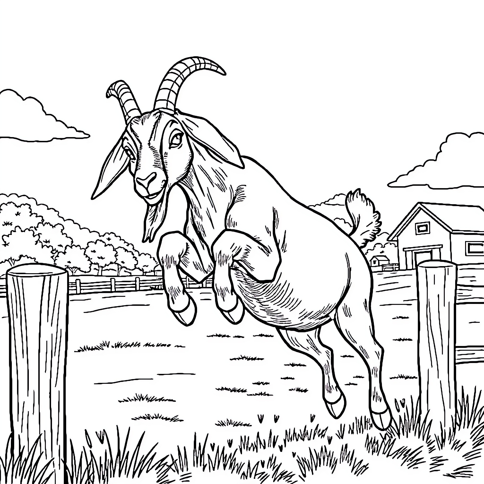 Goat jumping over fence in rural landscape Coloring Page (free black-and-white line drawing printable PDF for all, from beginners to advanced learners, including children, teens, adults, and seniors)