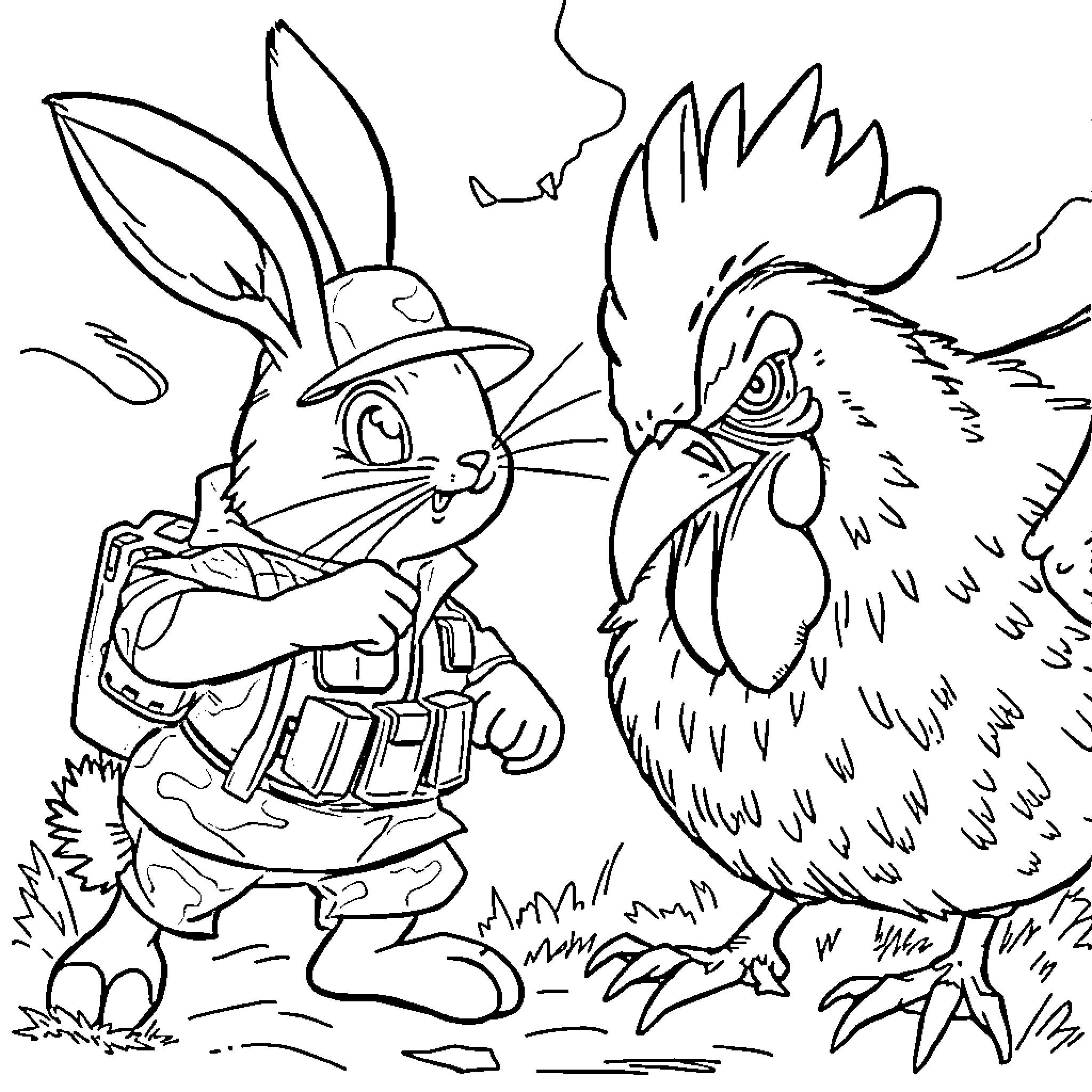 Bunny in costume confronting angry rooster Coloring Page (free black-and-white line drawing printable PDF for all, from beginners to advanced learners, including children, teens, adults, and seniors)
