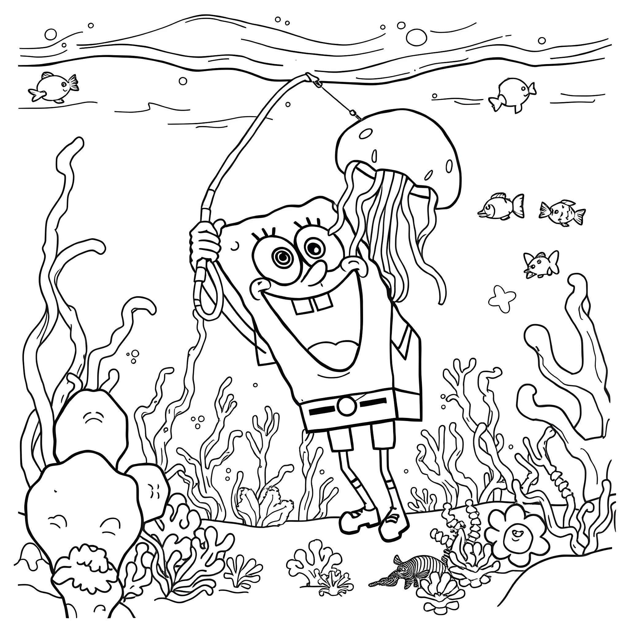 Spongebob exploring the underwater world with friends Coloring Page (free black-and-white line drawing printable PDF for all, from beginners to advanced learners, including children, teens, adults, and seniors)