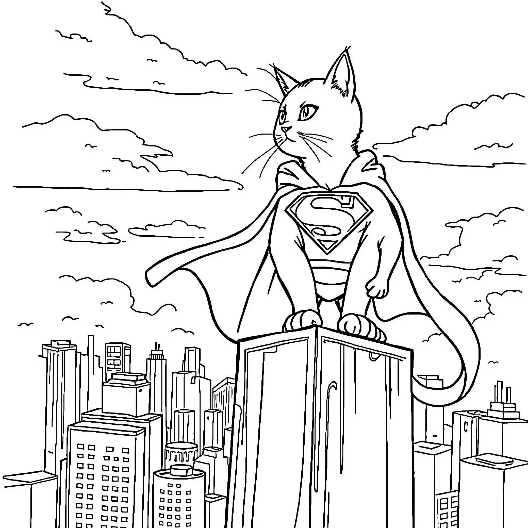 Cat Superhero Overlooking the City Coloring Page (free black-and-white line drawing printable PDF for all, from beginners to advanced learners, including children, teens, adults, and seniors)